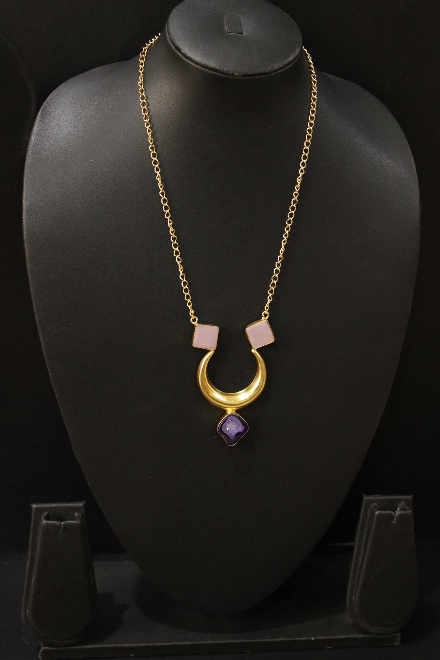 Slice Gate Quartz Natural Gemstone Embedded Gold Plated Half Moon Necklace