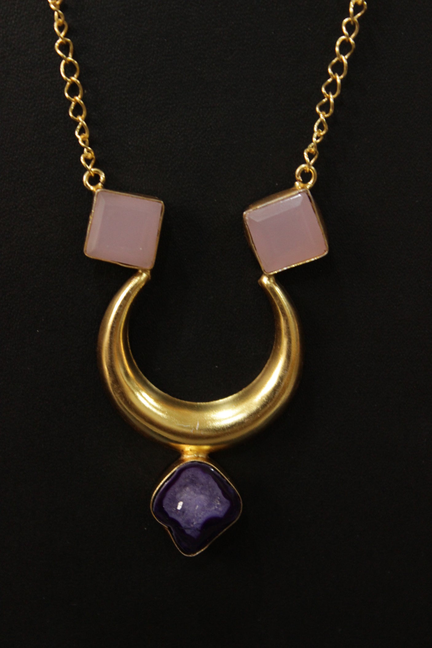 Slice Gate Quartz Natural Gemstone Embedded Gold Plated Half Moon Necklace