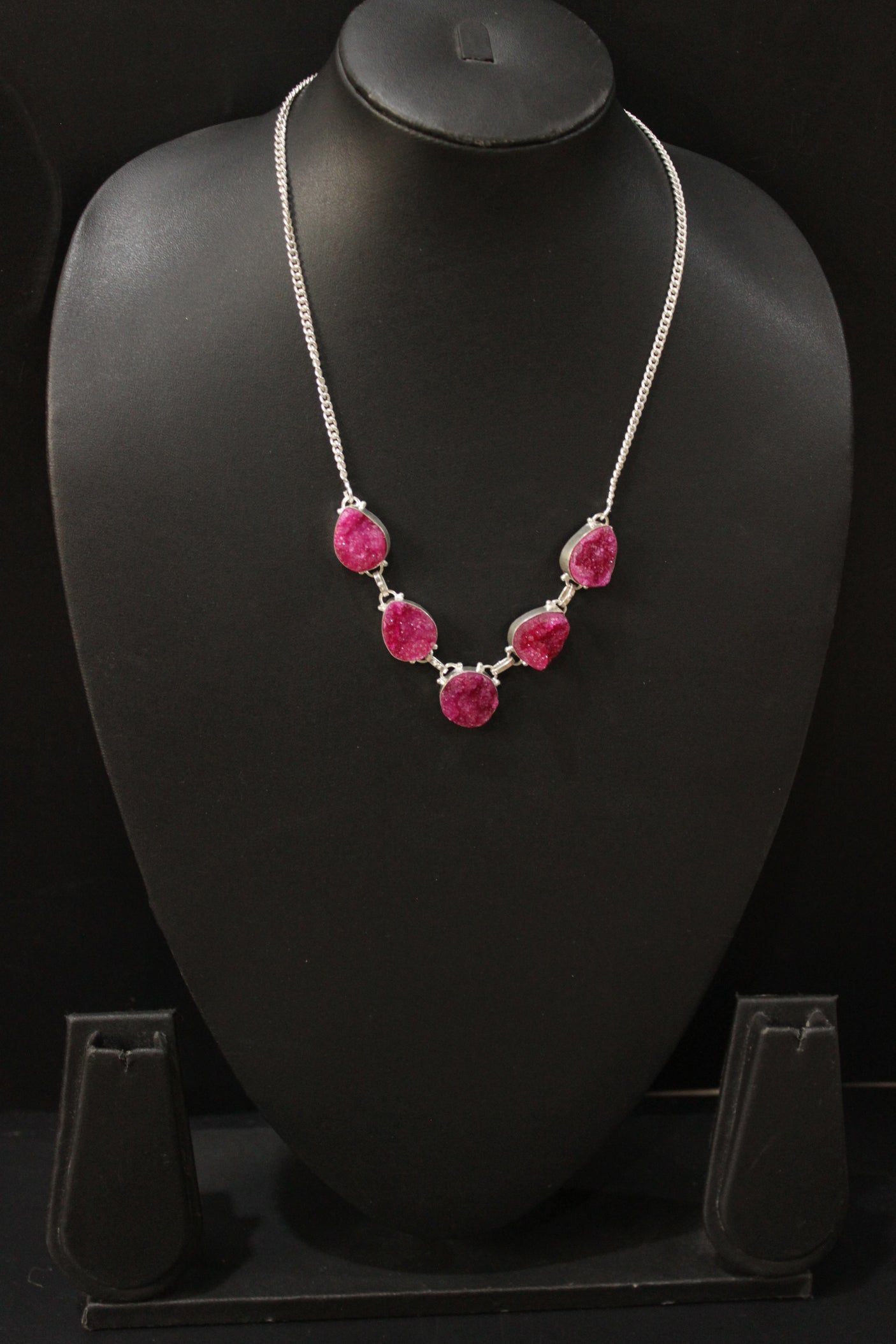 Pink Sugar Druzy Natural Gemstone Embedded Silver Plated Necklace