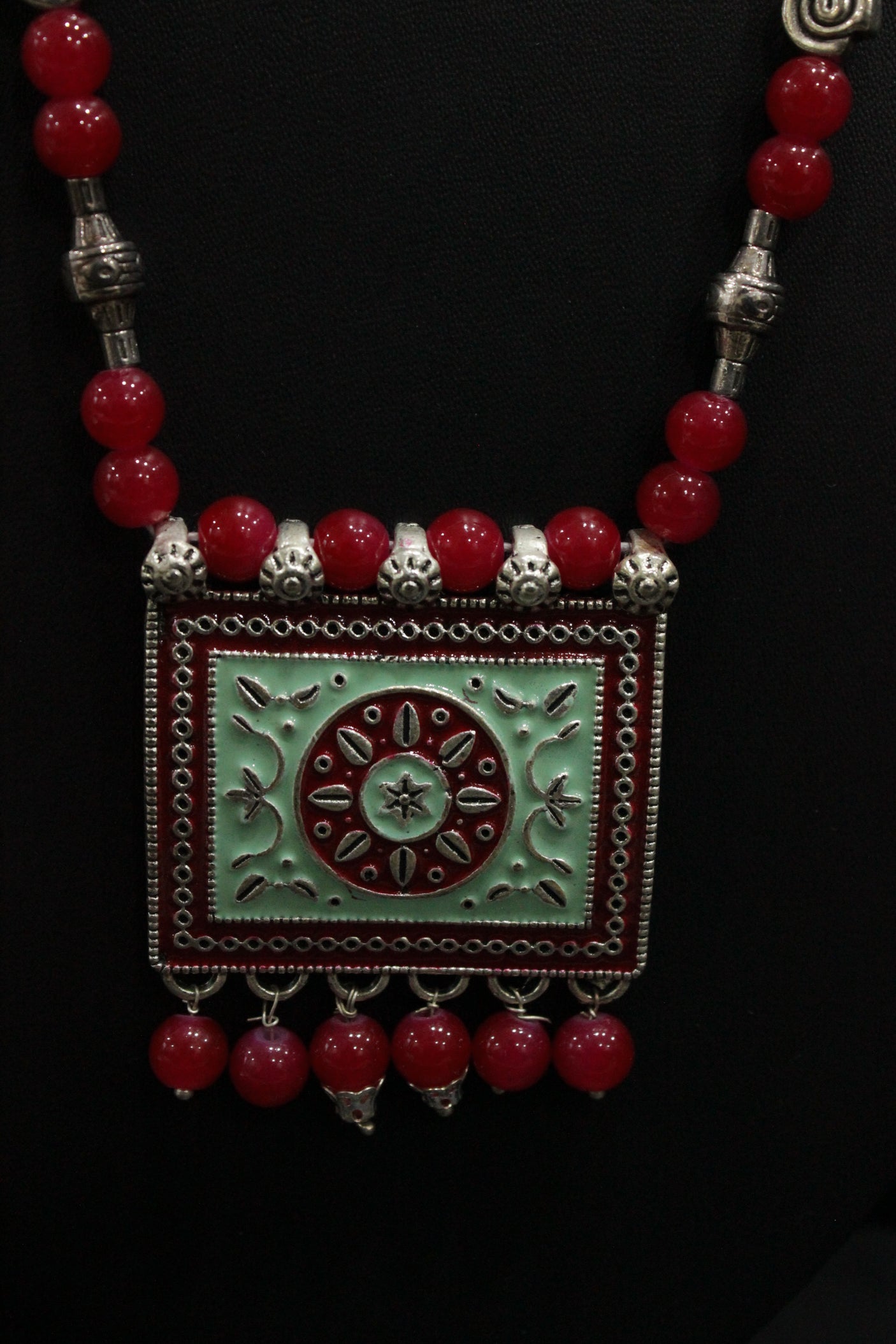 Turquoise and Red Meenakari Work Pendant Red Glass Beads Closure Necklace