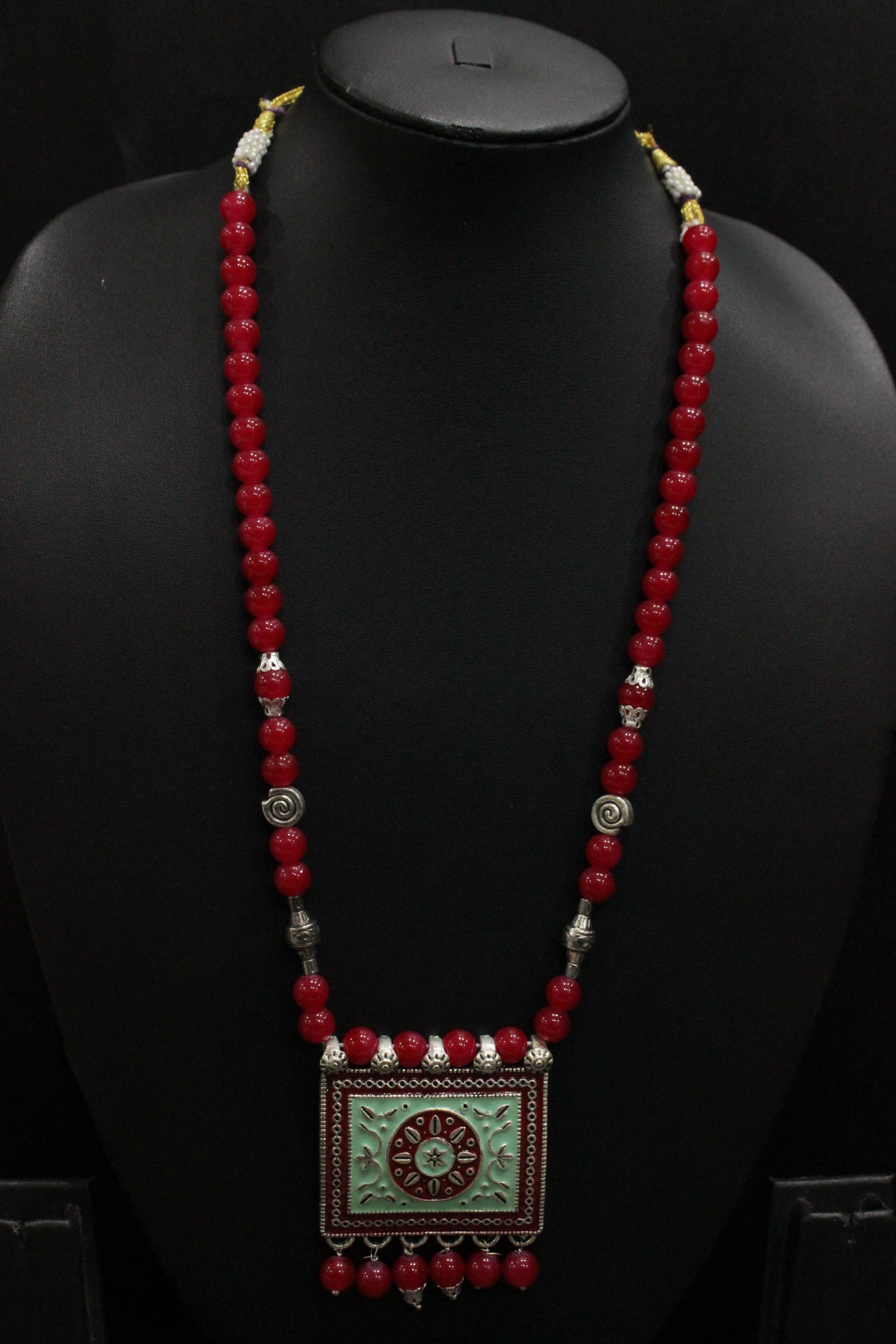 Turquoise and Red Meenakari Work Pendant Red Glass Beads Closure Necklace