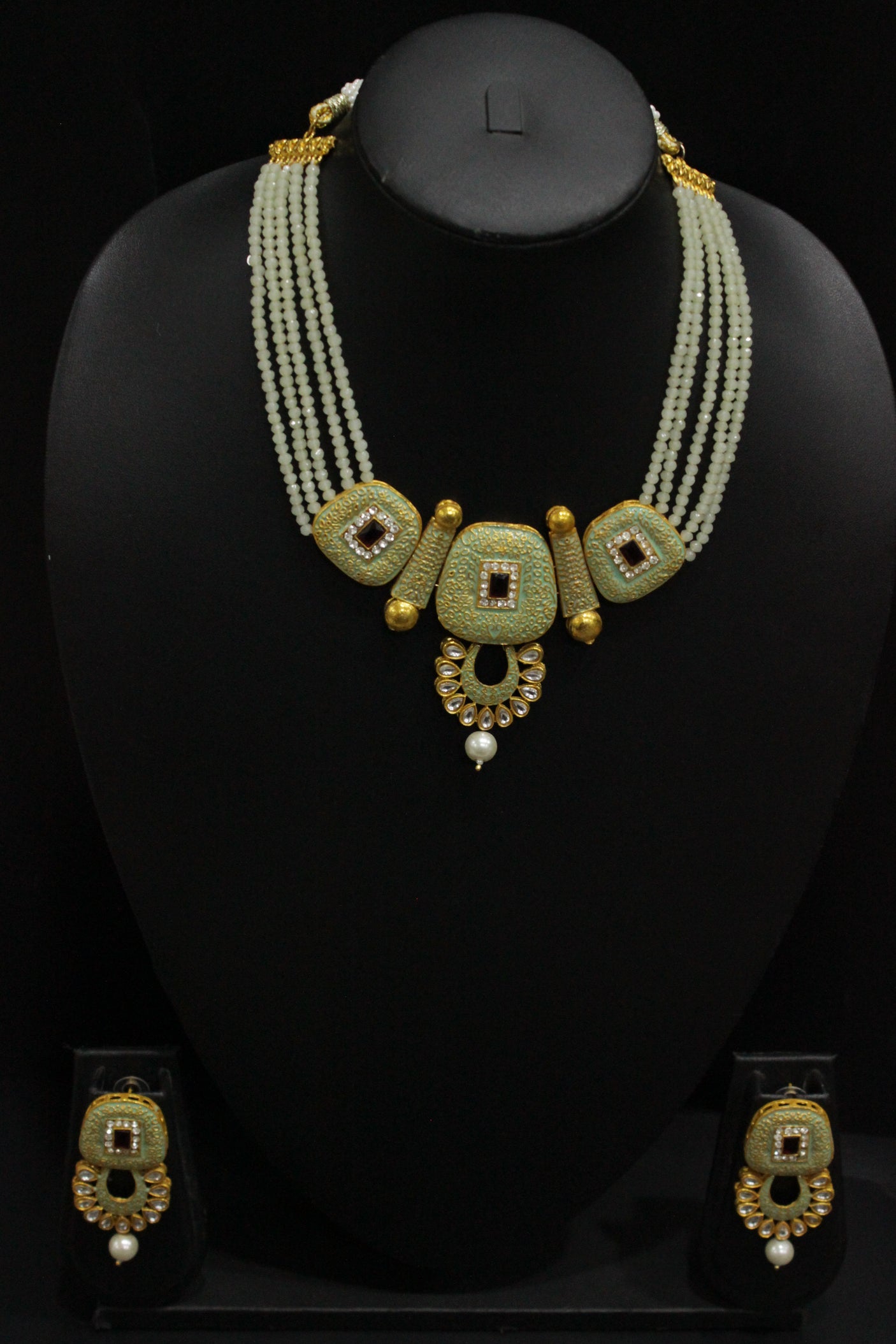 Elaborate Meenakari and Kundan Work Mint Green Hand Painted Necklace Set