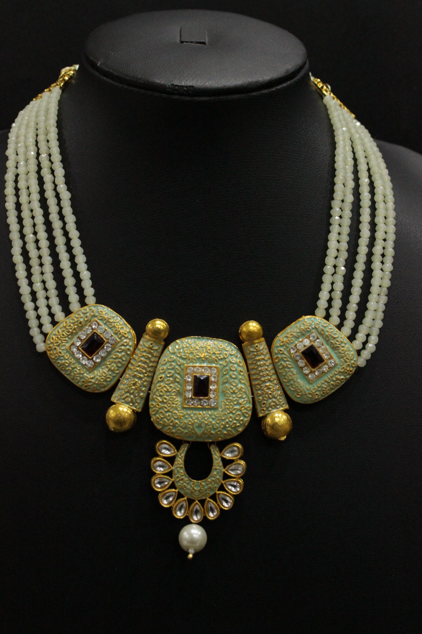 Elaborate Meenakari and Kundan Work Mint Green Hand Painted Necklace Set
