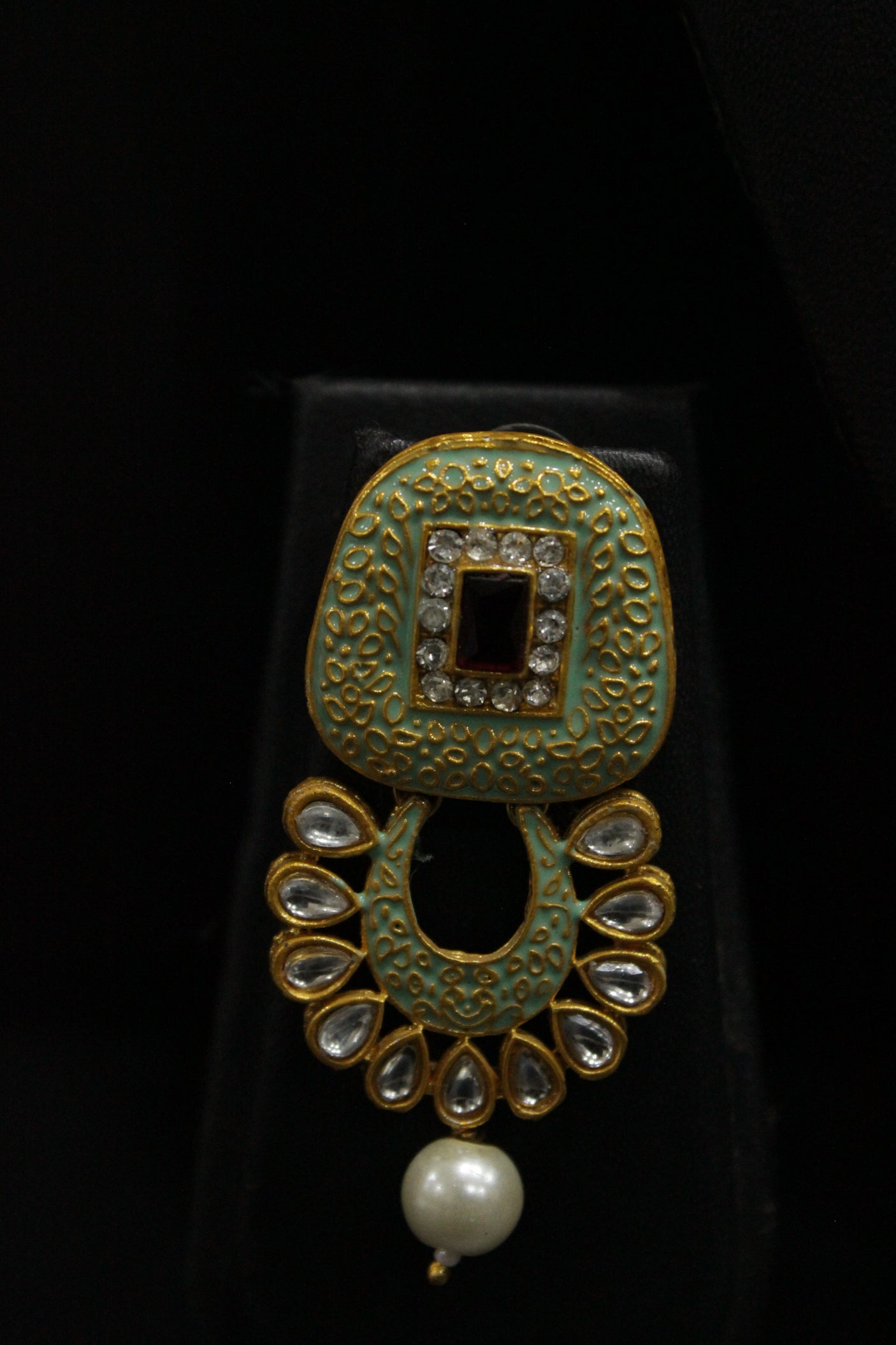 Elaborate Meenakari and Kundan Work Mint Green Hand Painted Necklace Set