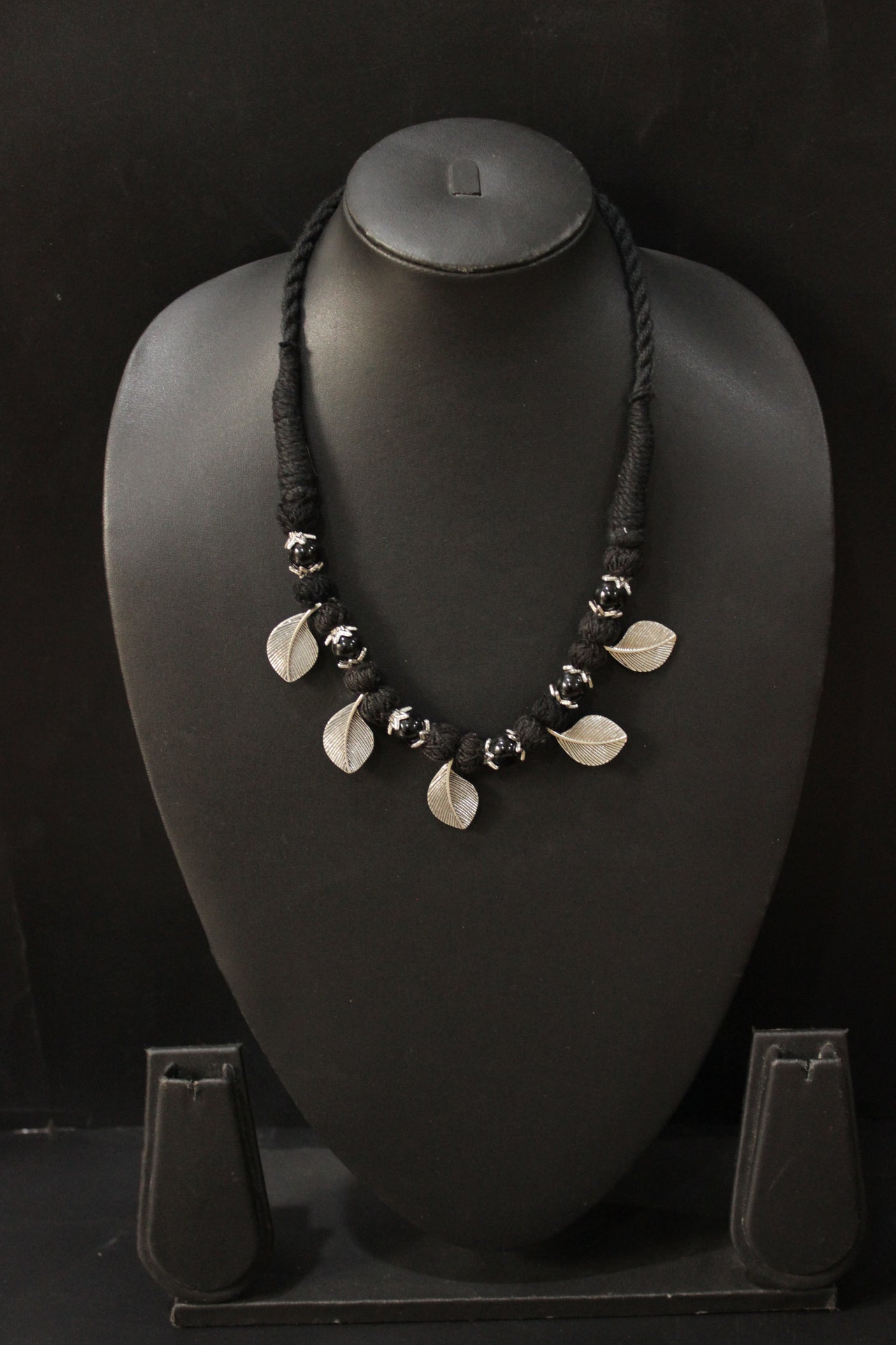 Delicate Leaf Charms Fabric Beads Black Thread Braided Necklace