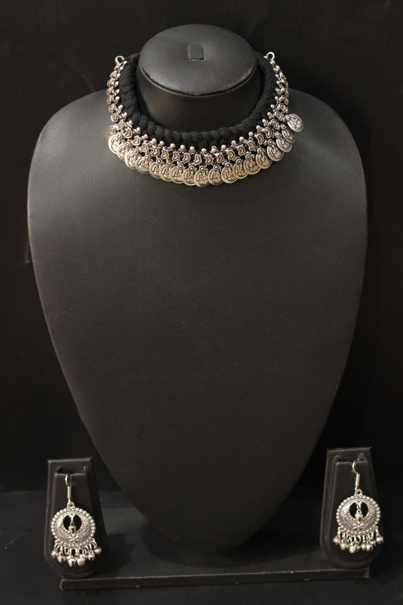 Braided Black Threads Stamped Metal Charms Choker Necklace Set