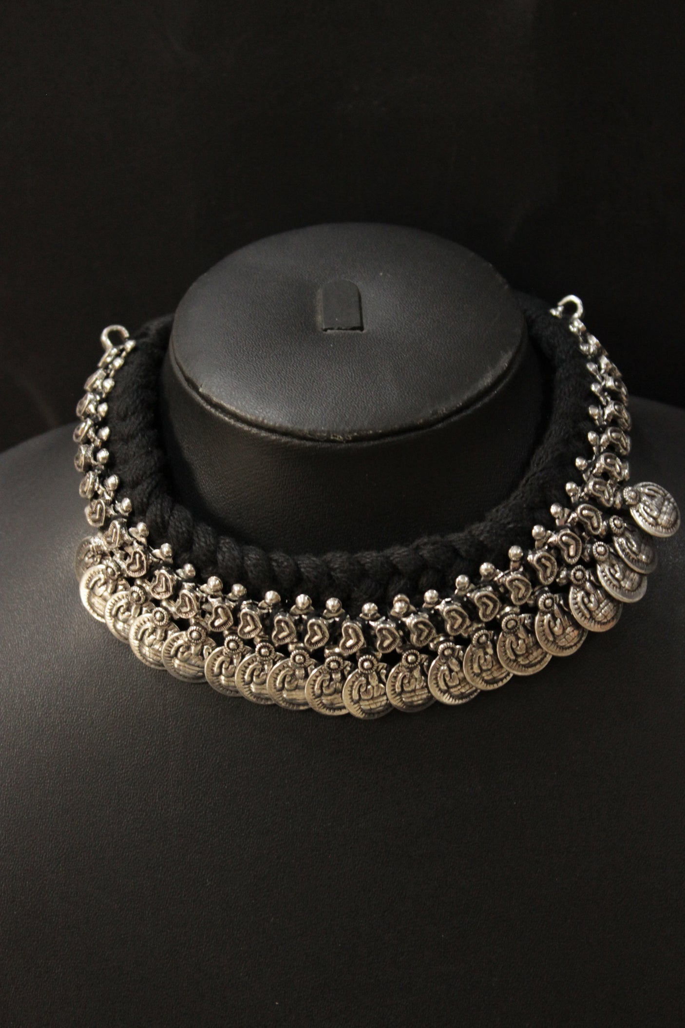 Braided Black Threads Stamped Metal Charms Choker Necklace Set