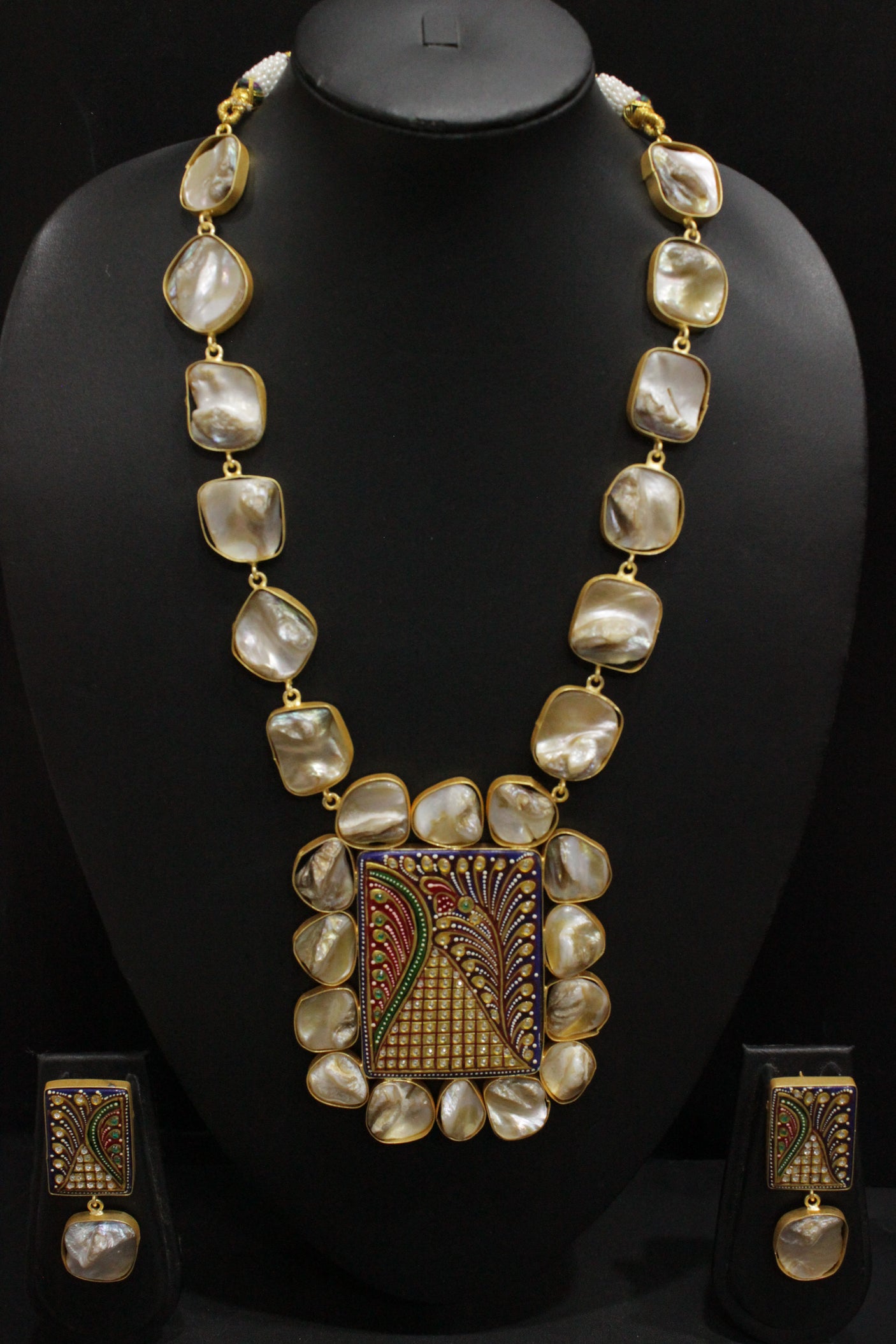 Baroque Pearl Natural Gemstones Embedded Statement Meenakari Work Pendant Elaborate Ethnic Necklace Set