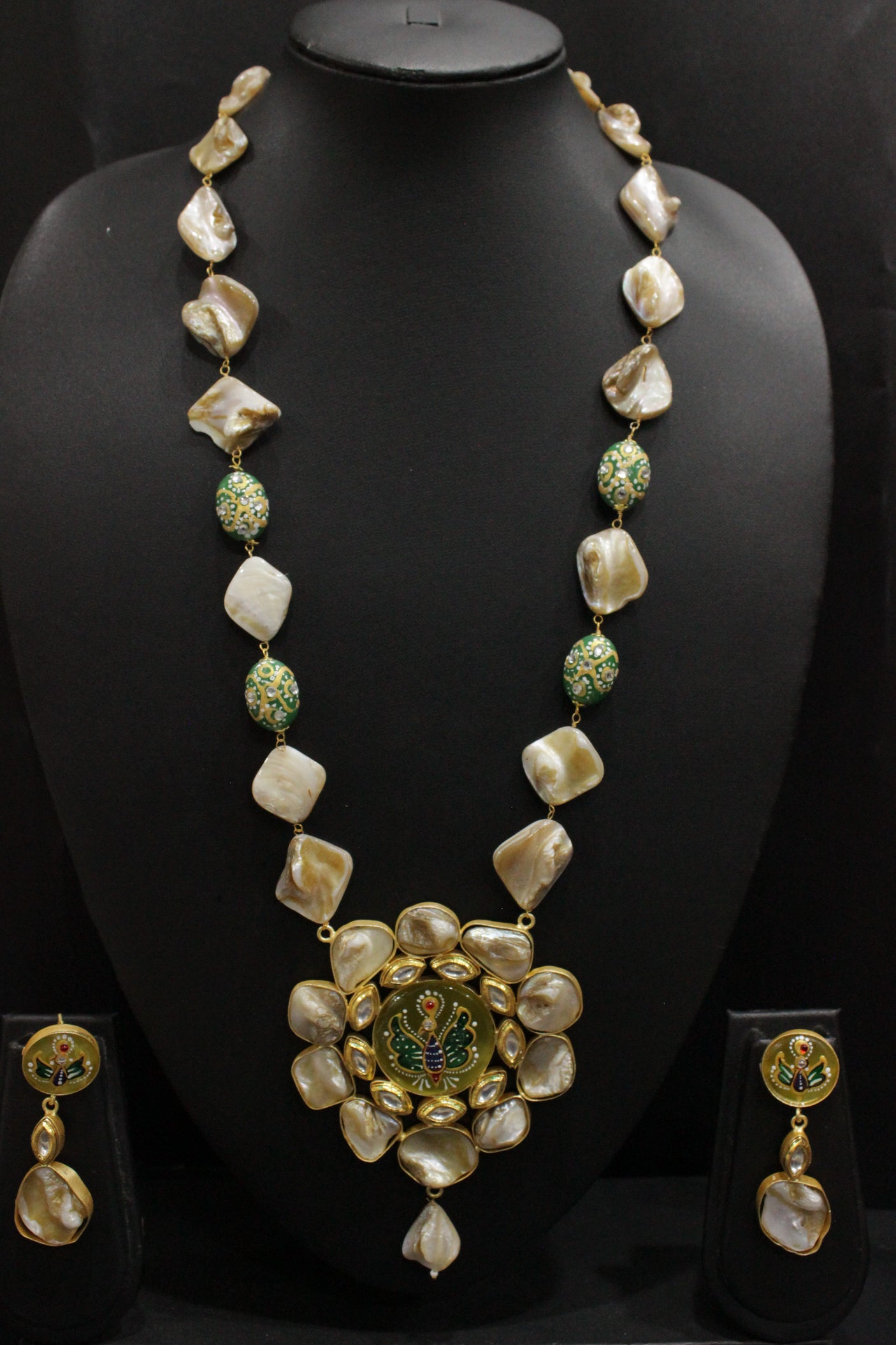 Baroque Pearl Natural Gemstones Embedded Statement Meenakari Work and Kundan Stones Pendant Elaborate Ethnic Necklace Set