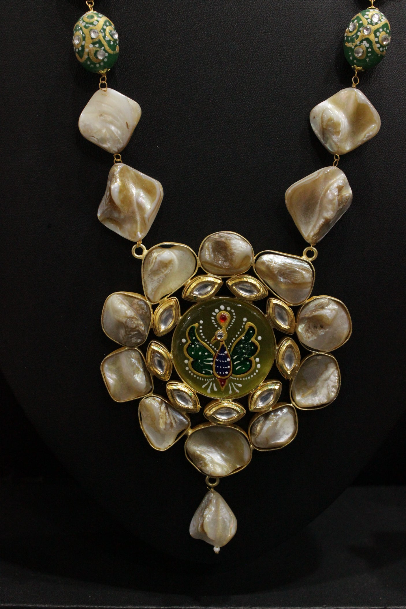 Baroque Pearl Natural Gemstones Embedded Statement Meenakari Work and Kundan Stones Pendant Elaborate Ethnic Necklace Set