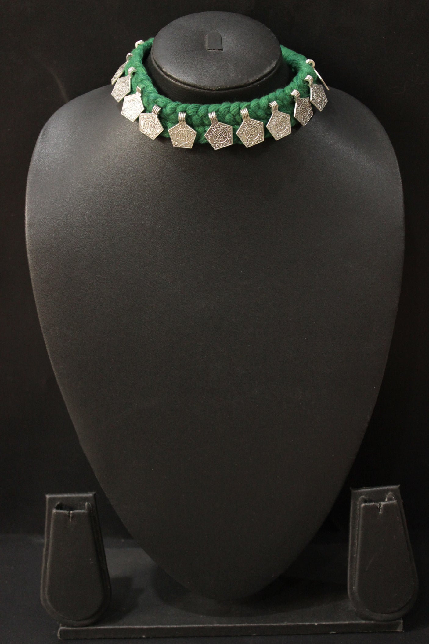 Green Braided Threads Metal Charms Necklace