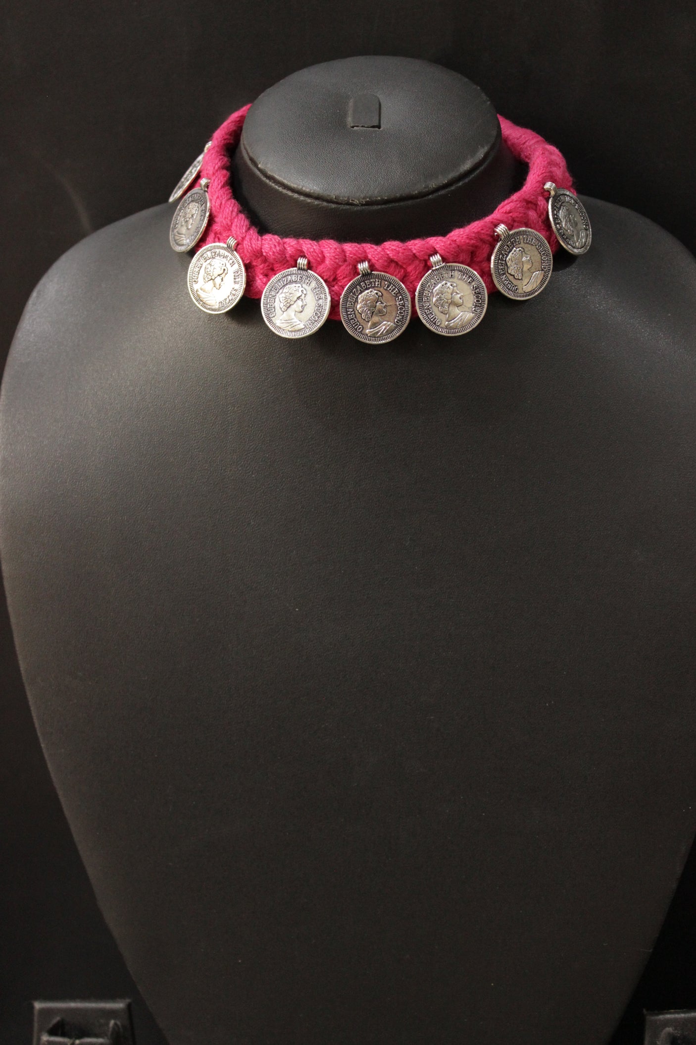 Braided Pink Threads Stamped Metal Coin Charms Necklace