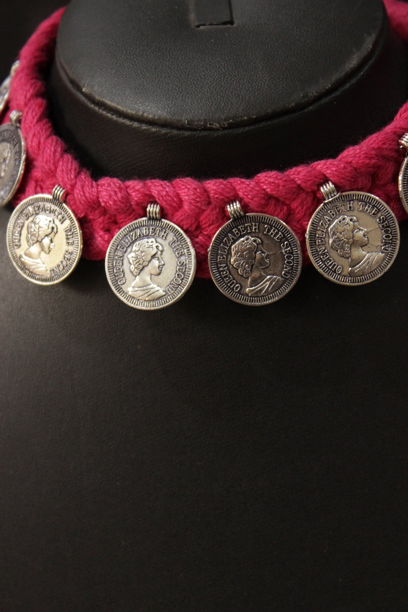Braided Pink Threads Stamped Metal Coin Charms Necklace