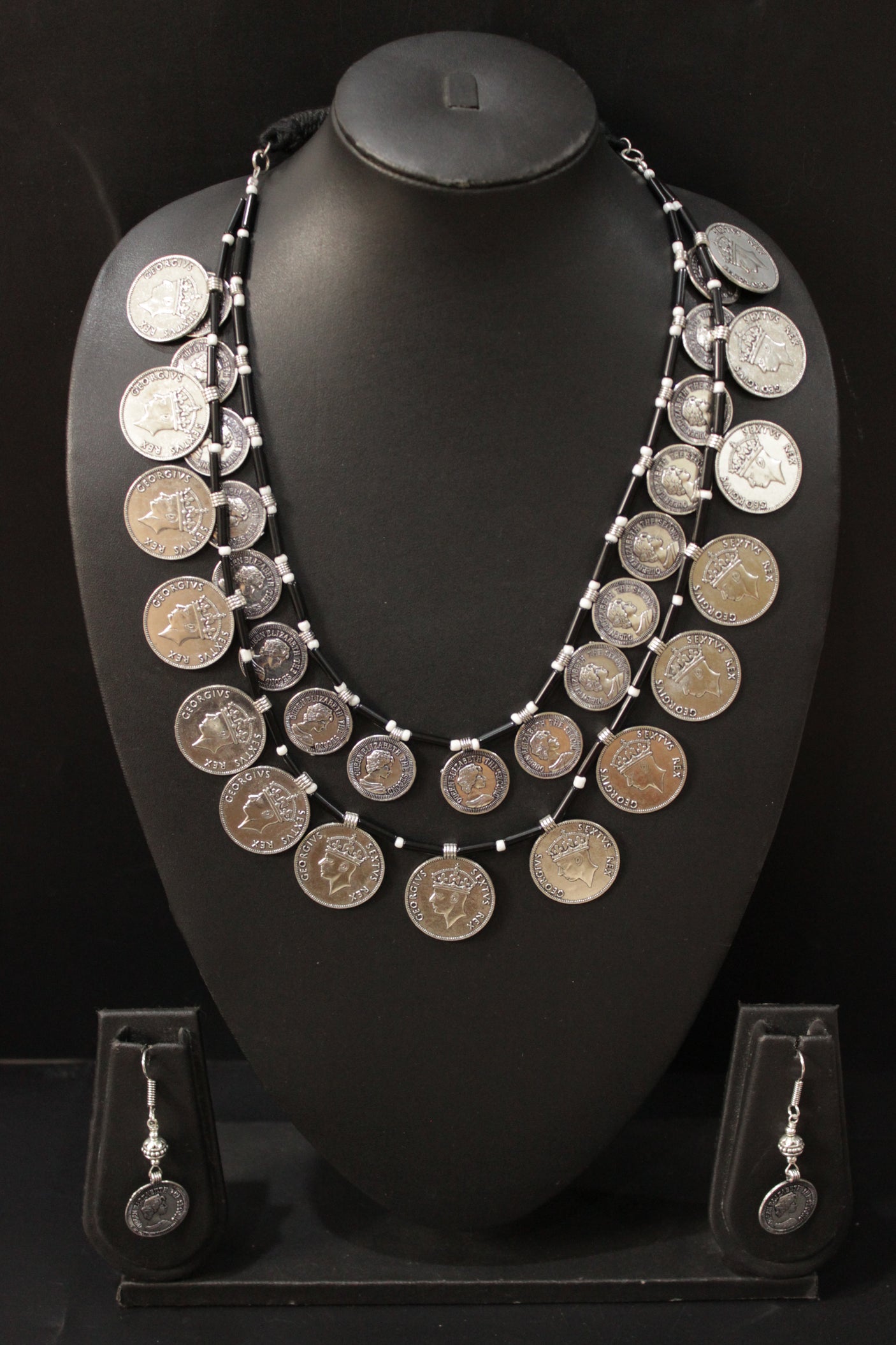 Vintage Stamped Coins Glass Beads Necklace Set