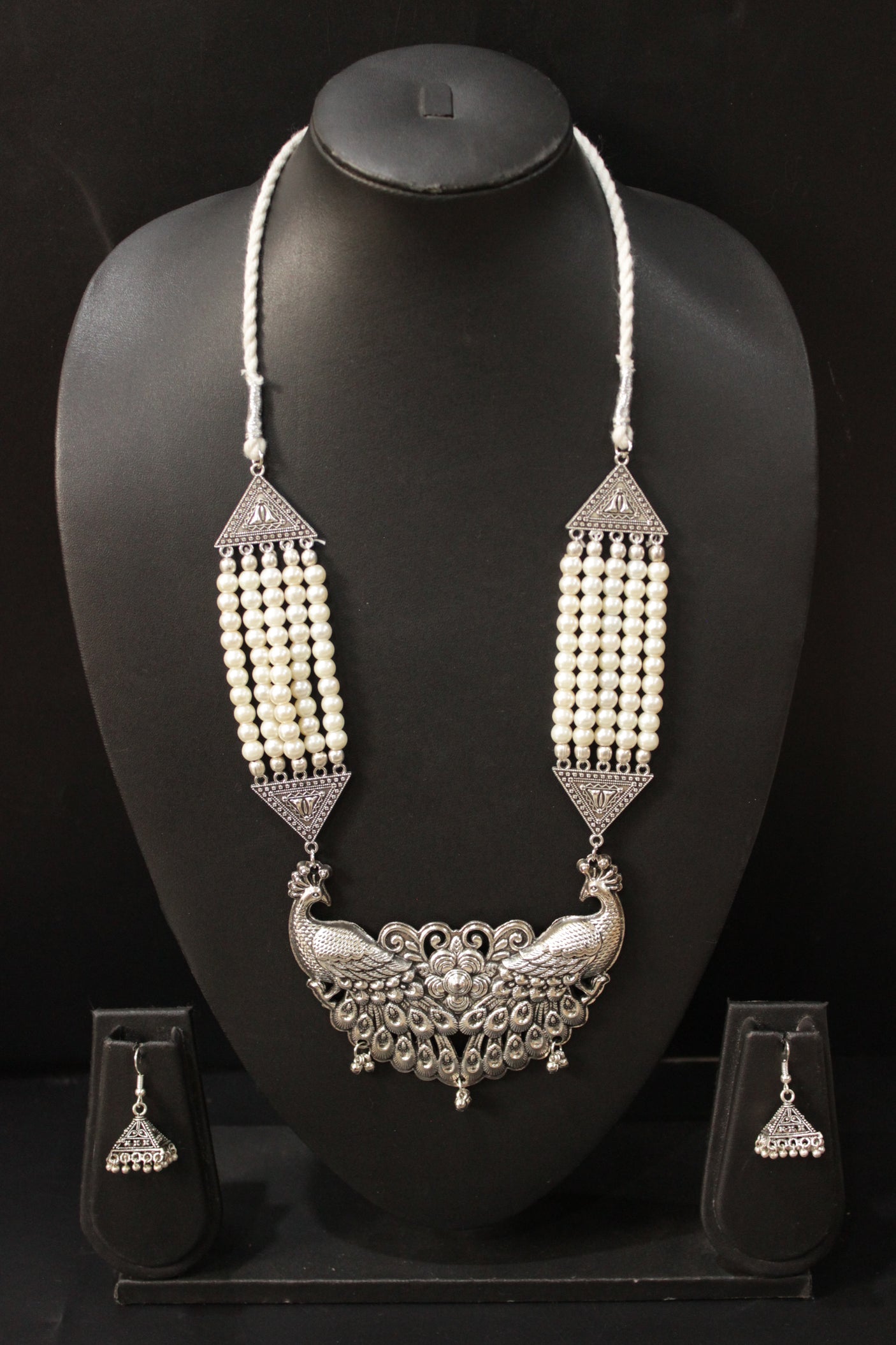 Statement Peacock Pendant Stringed White Beads Necklace Set