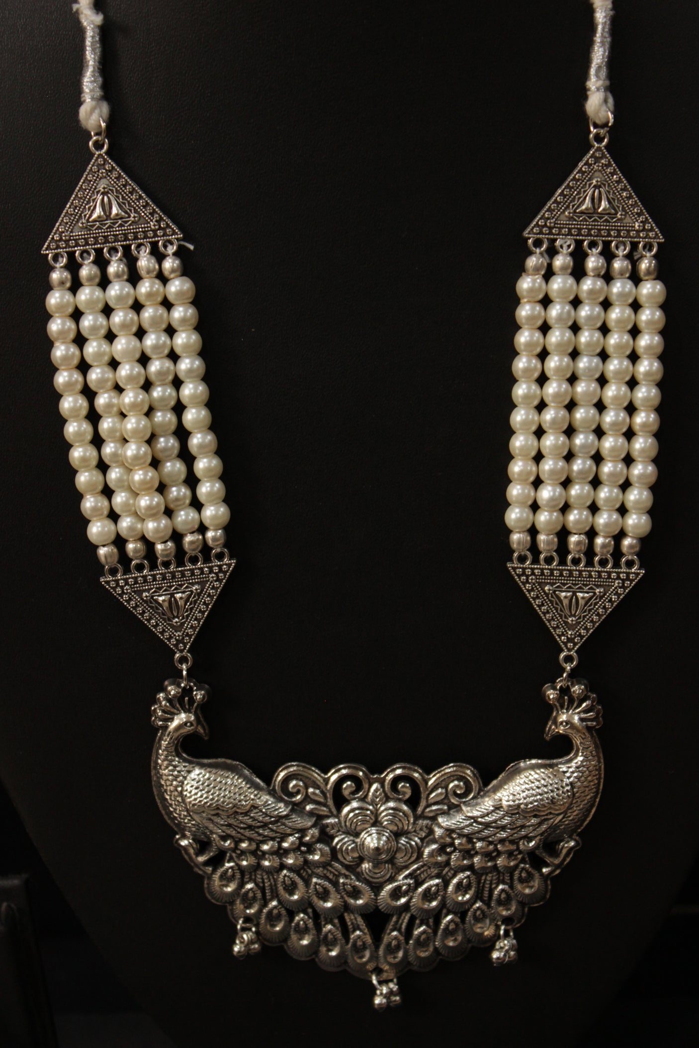 Statement Peacock Pendant Stringed White Beads Necklace Set