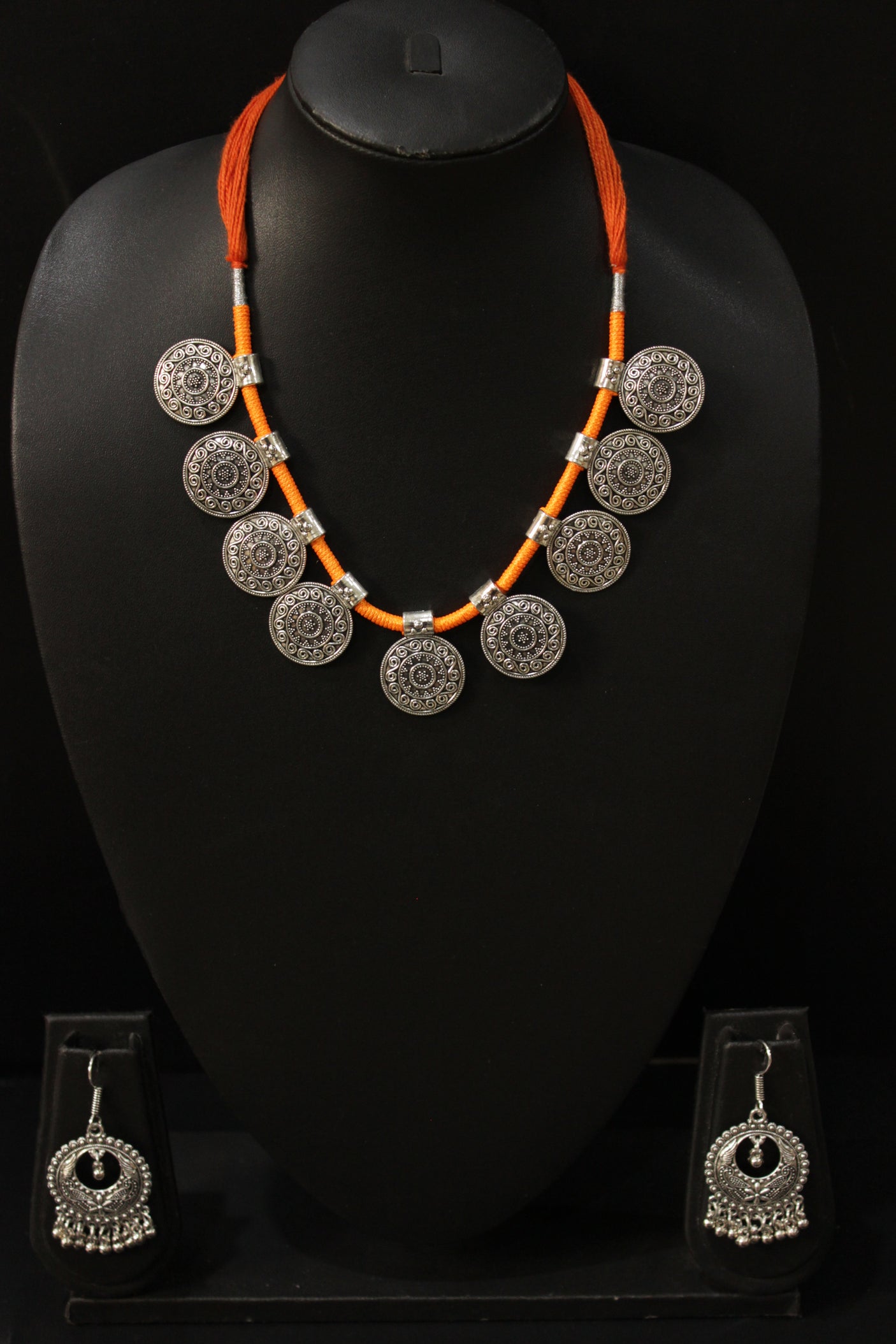Orange Braided Threads Round Metal Charms Choker Necklace Set