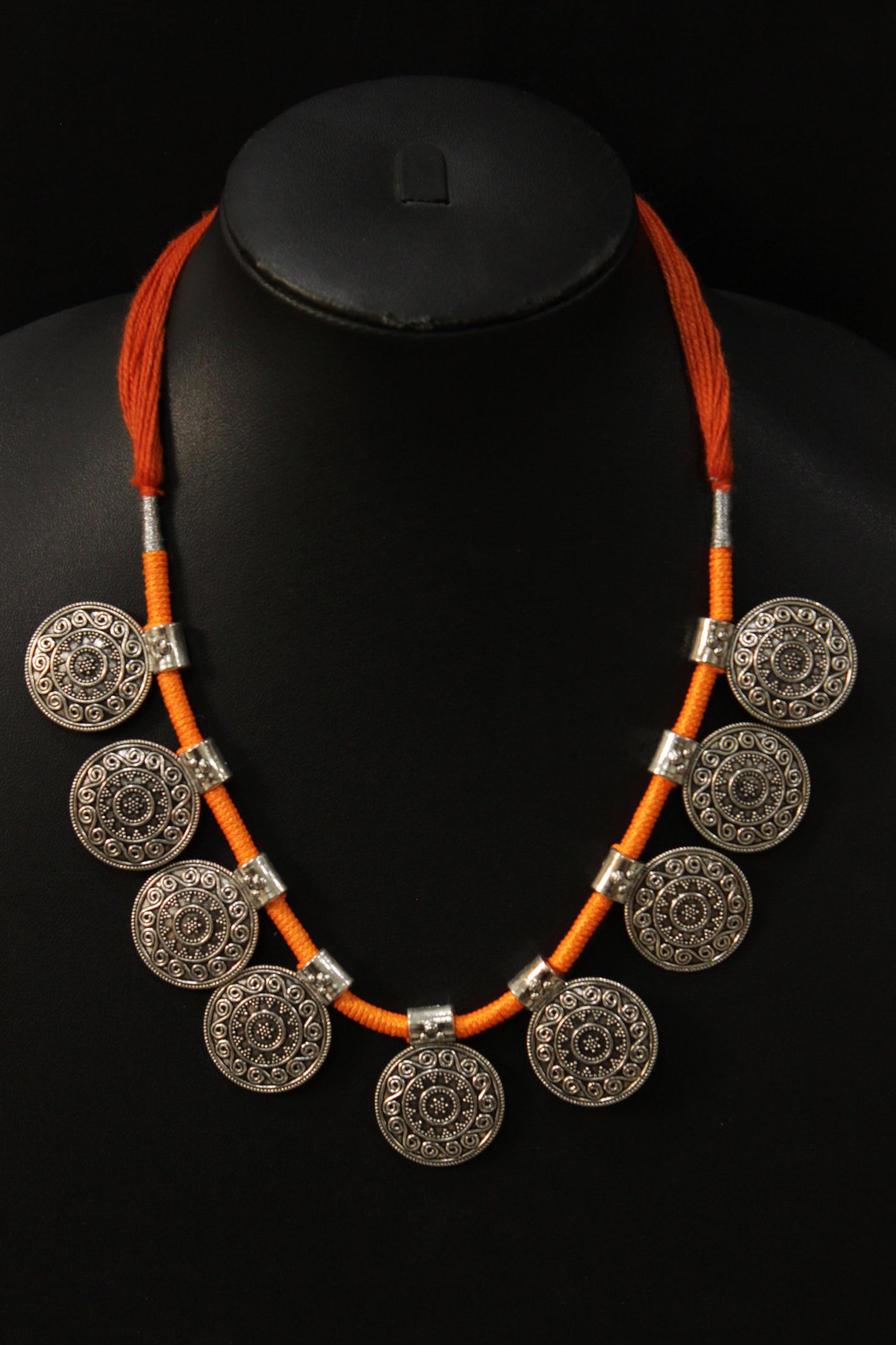 Orange Braided Threads Round Metal Charms Choker Necklace Set