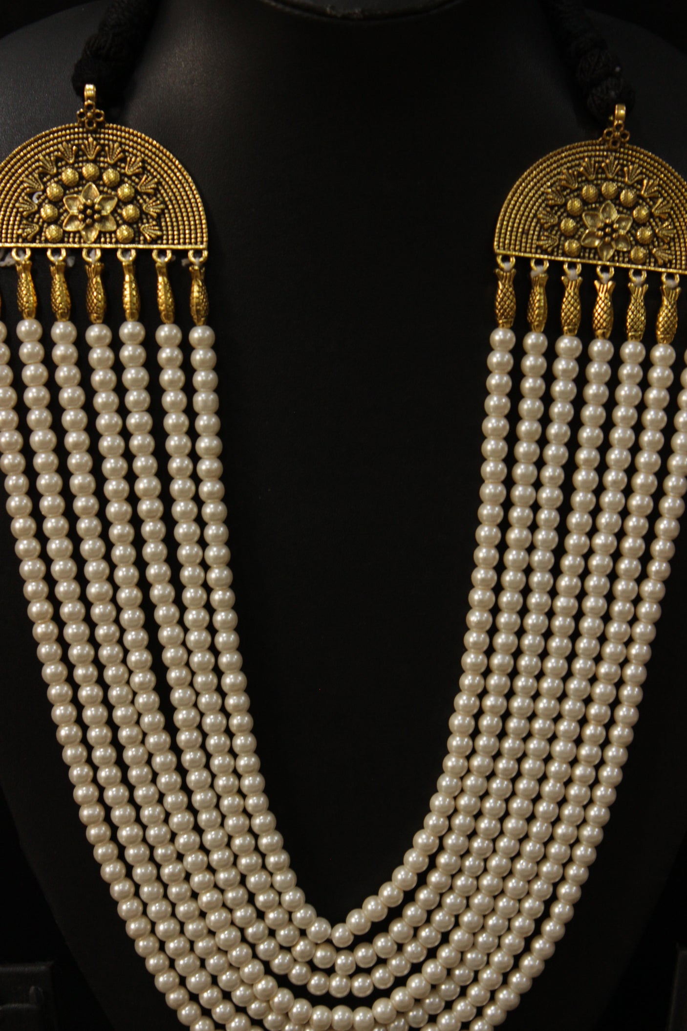 Multi-Layer Stringed Pearls Antique Gold Finish Necklace