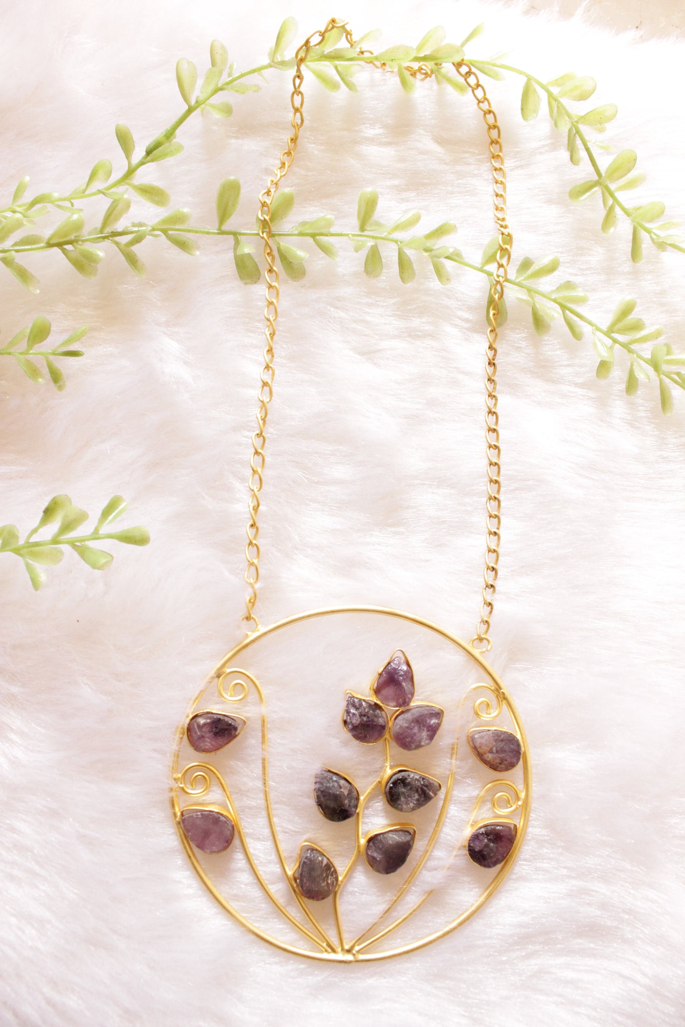 Purple Sugar Druzy Raw Natural Gemstones Embedded Statement Circular Pendant Gold Finish Brass Necklace