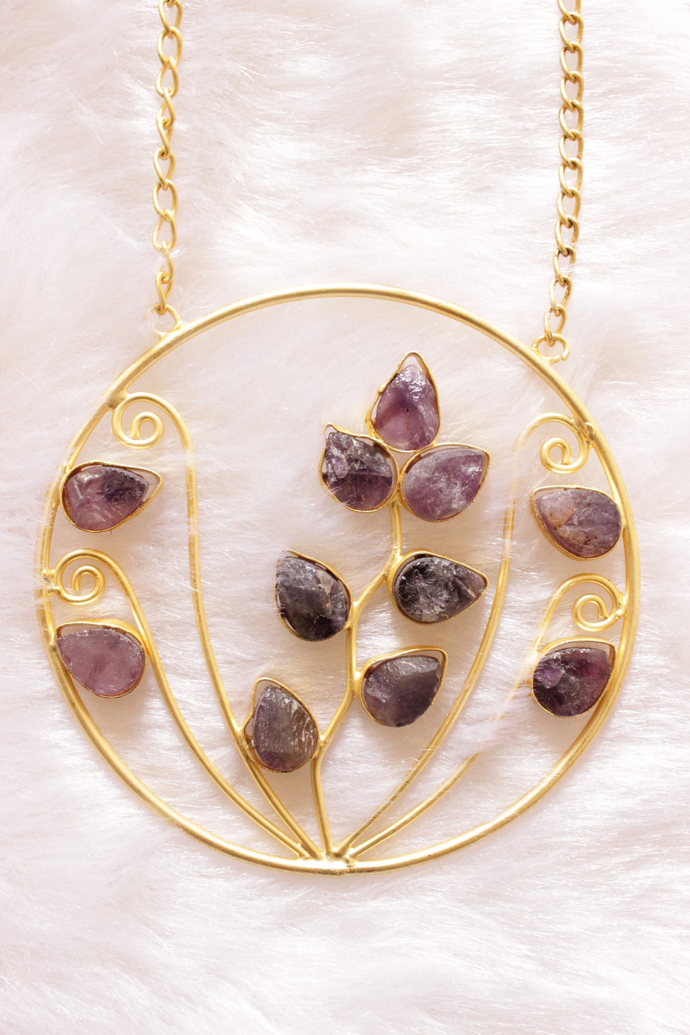 Purple Sugar Druzy Raw Natural Gemstones Embedded Statement Circular Pendant Gold Finish Brass Necklace
