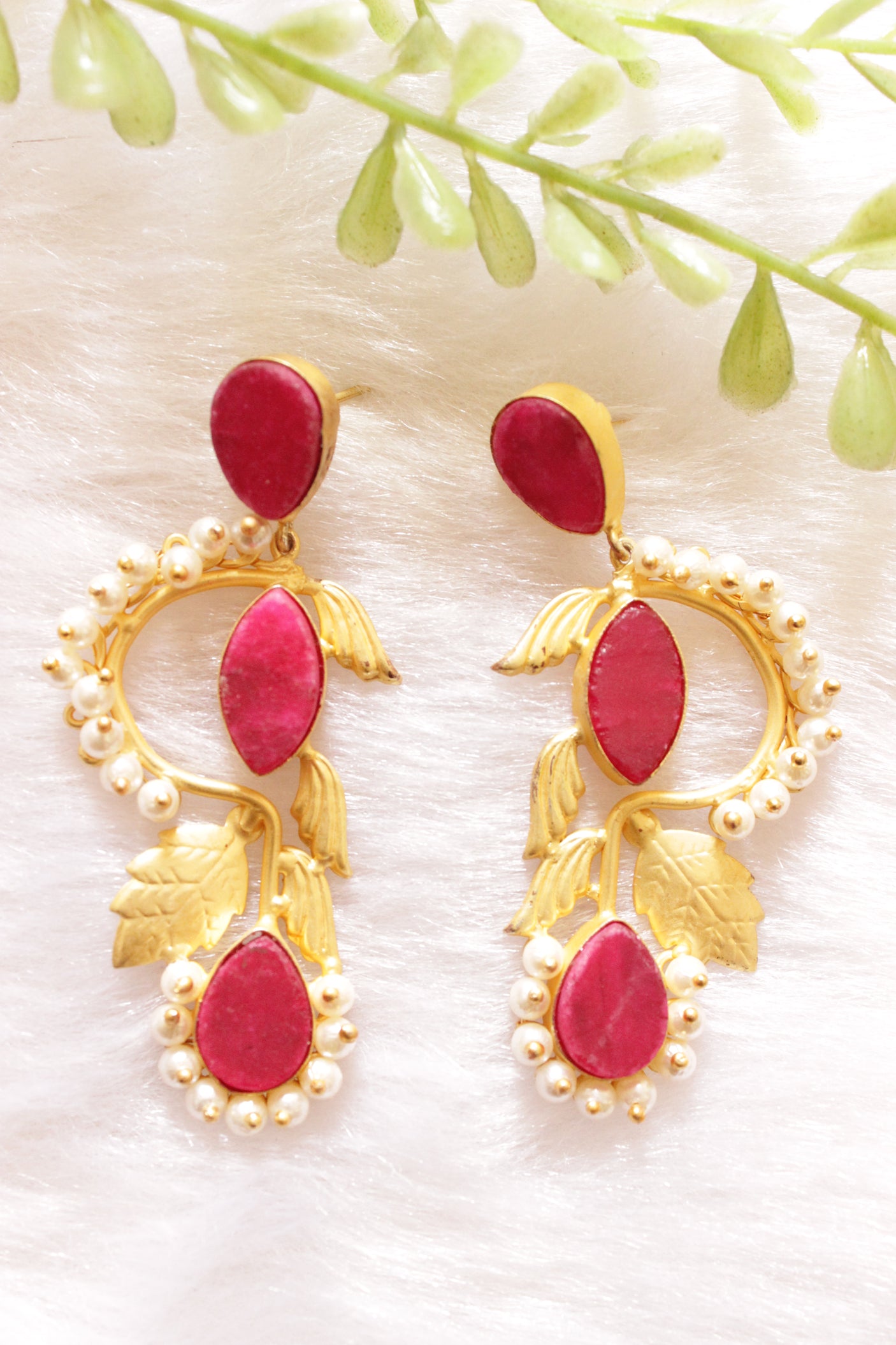 Pink Sugar Druzy Natural Gemstones Embedded Tear Drop Gold Finish Dangler Earrings