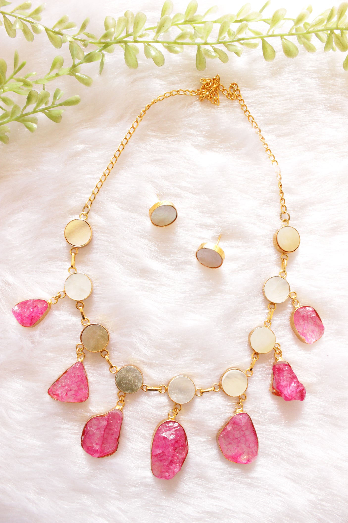 Pink and Ivory Raw Natural Gemstones Embedded Gold Finish Brass Necklace Set with Stud Earrings