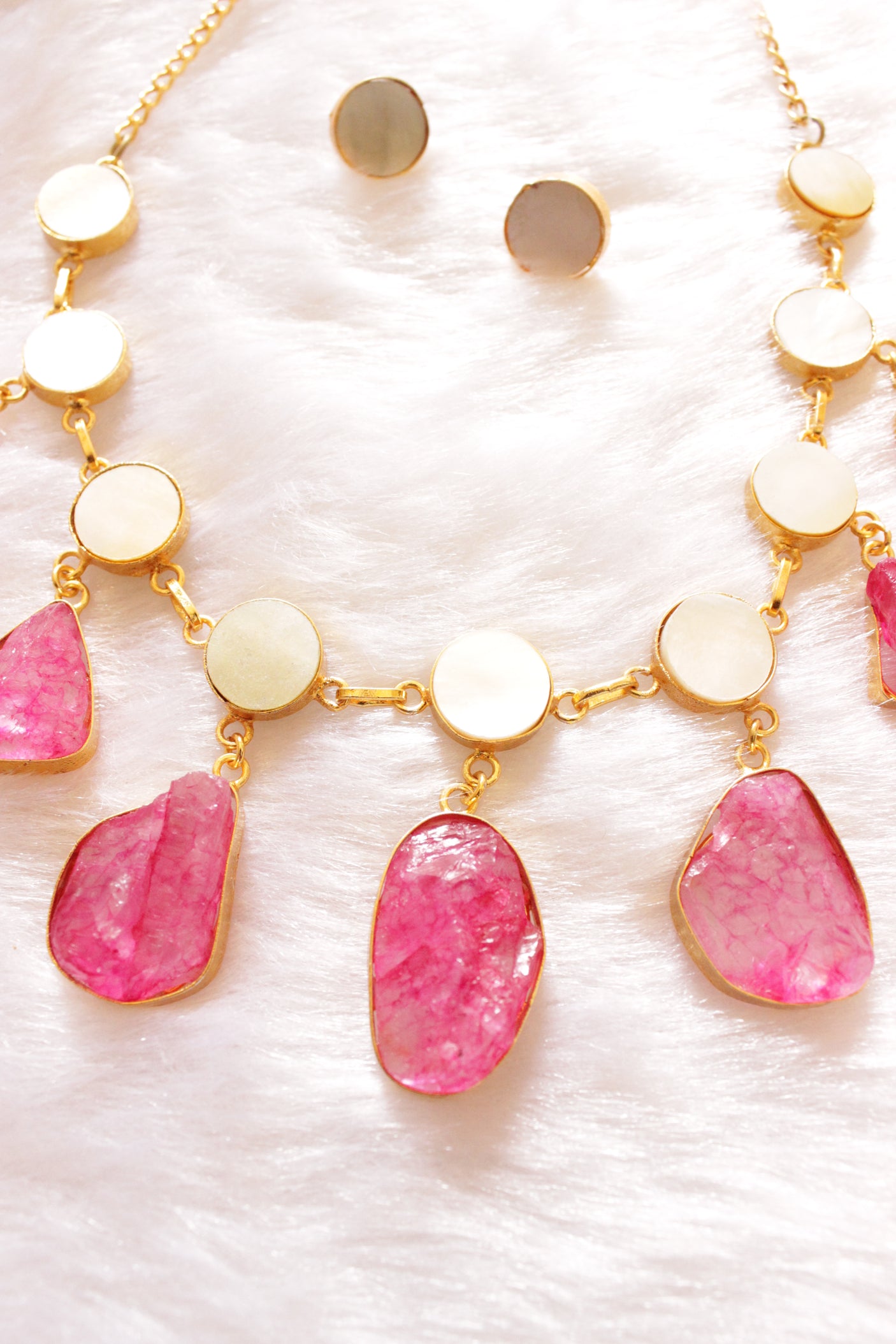 Pink and Ivory Raw Natural Gemstones Embedded Gold Finish Brass Necklace Set with Stud Earrings