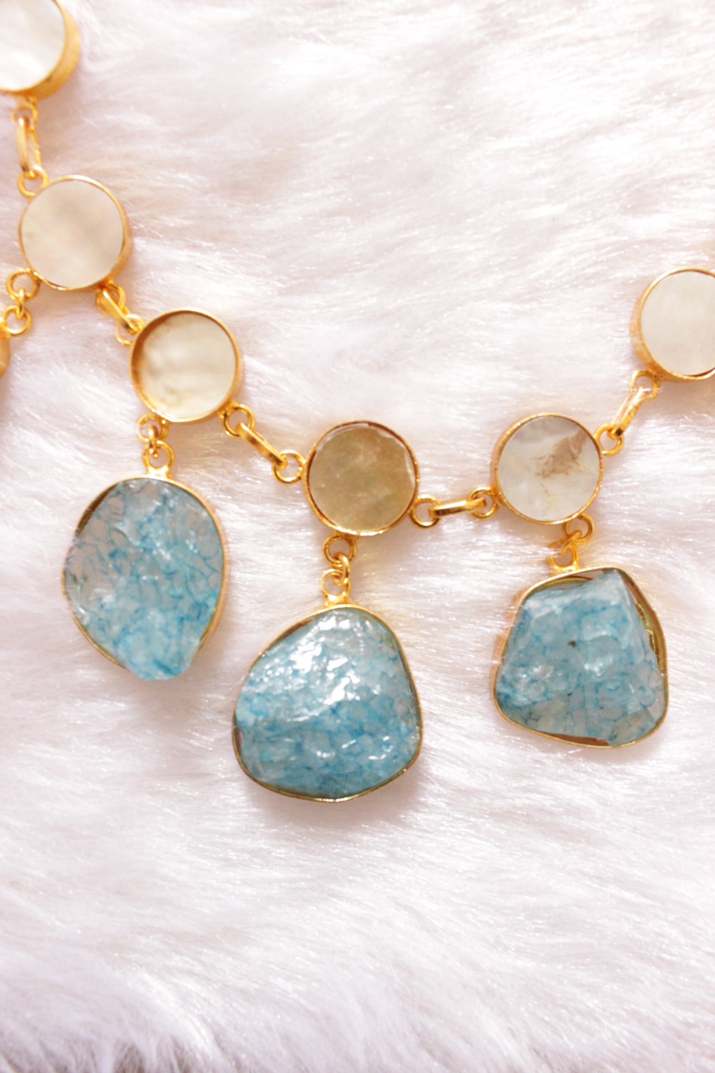 Sea Blue and Ivory Raw Natural Gemstones Embedded Necklace Set with Stud Earrings