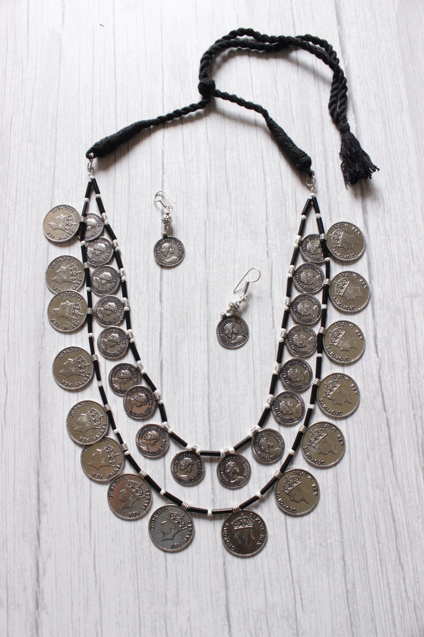 Vintage Stamped Coins Glass Beads Necklace Set