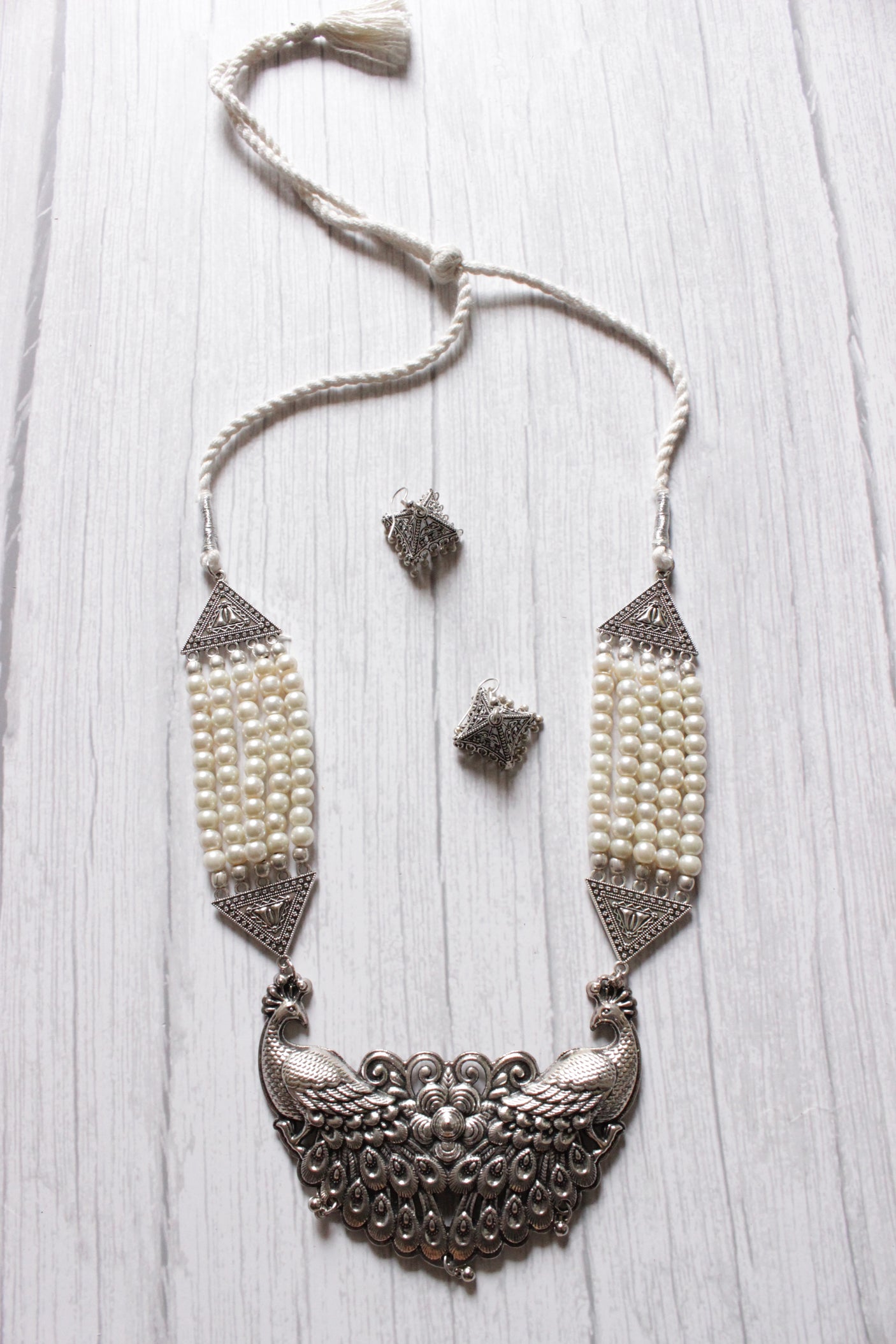 Statement Peacock Pendant Stringed White Beads Necklace Set