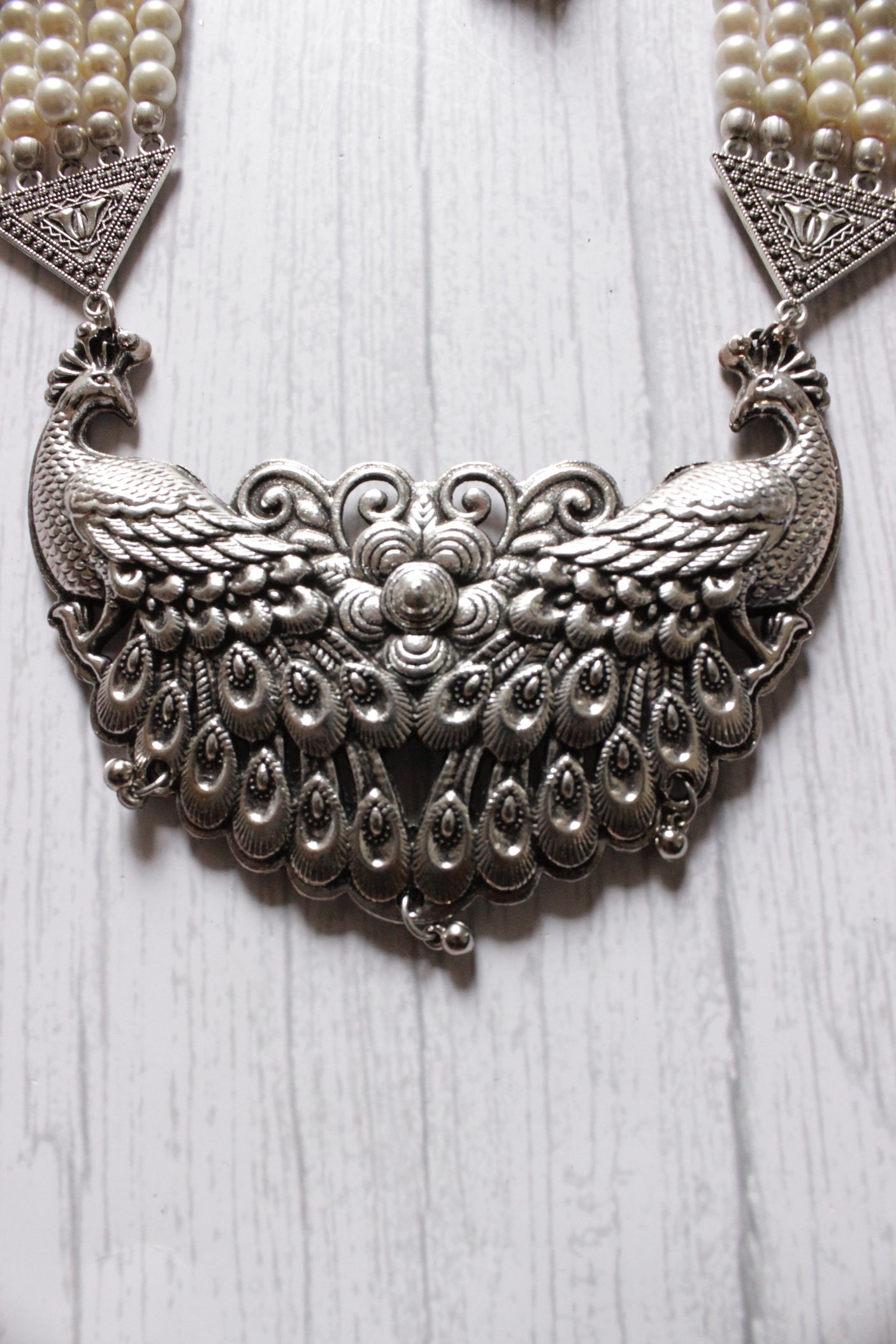 Statement Peacock Pendant Stringed White Beads Necklace Set