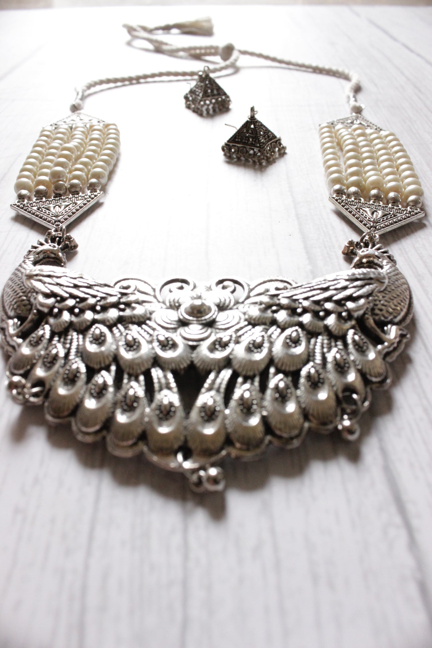 Statement Peacock Pendant Stringed White Beads Necklace Set