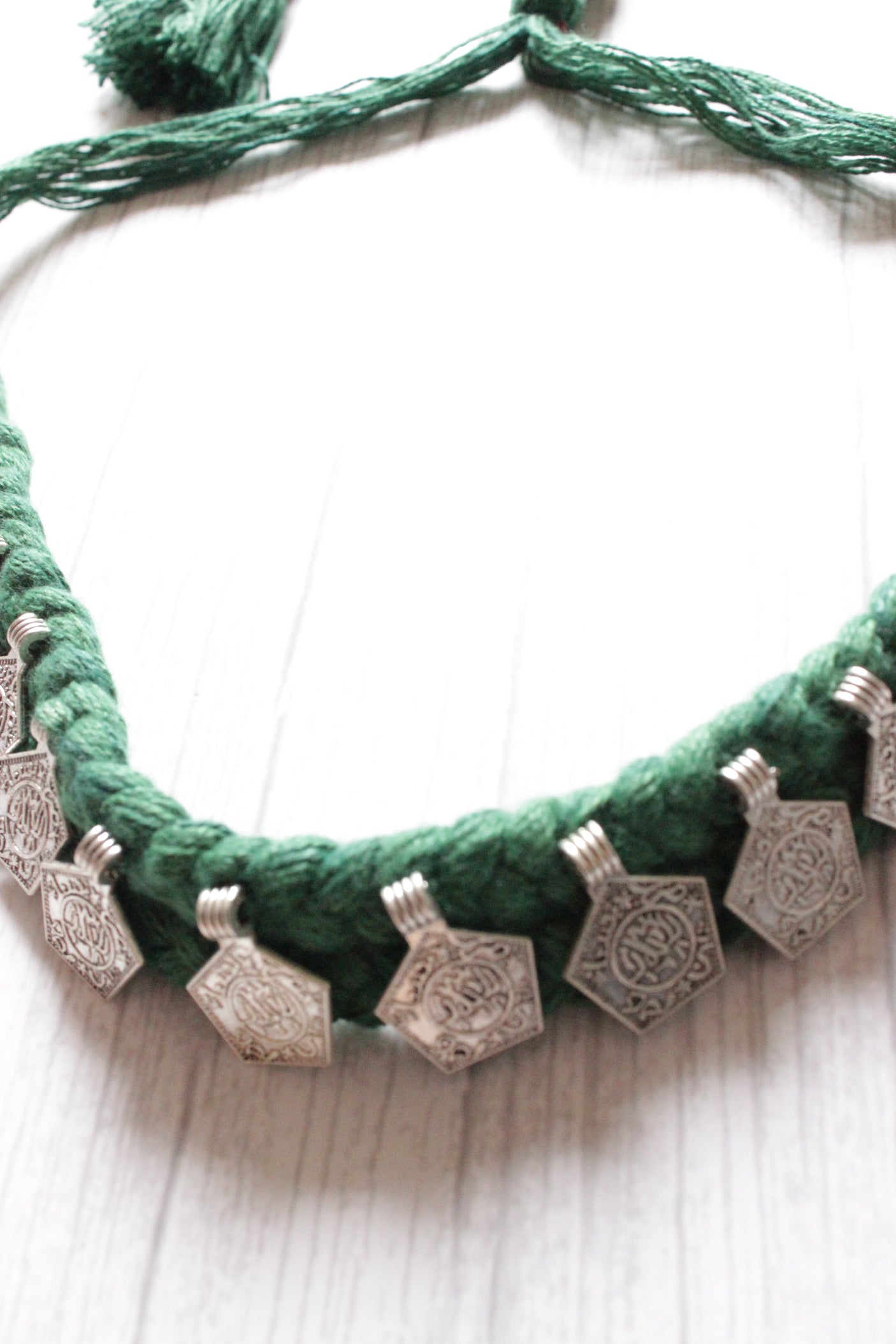Green Braided Threads Metal Charms Necklace