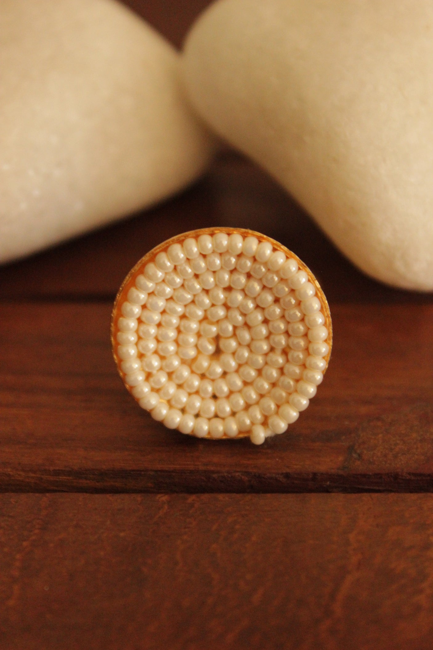 Set of 3 White Hand Beaded Gold Finish Brass Stud Earrings and Adjustable Finger Ring