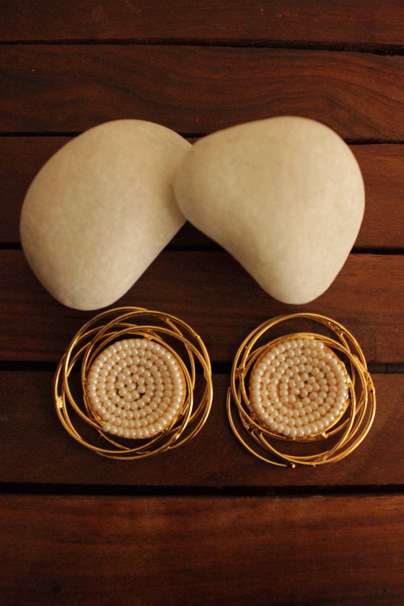 Set of 3 White Hand Beaded Gold Finish Brass Stud Earrings and Adjustable Finger Ring