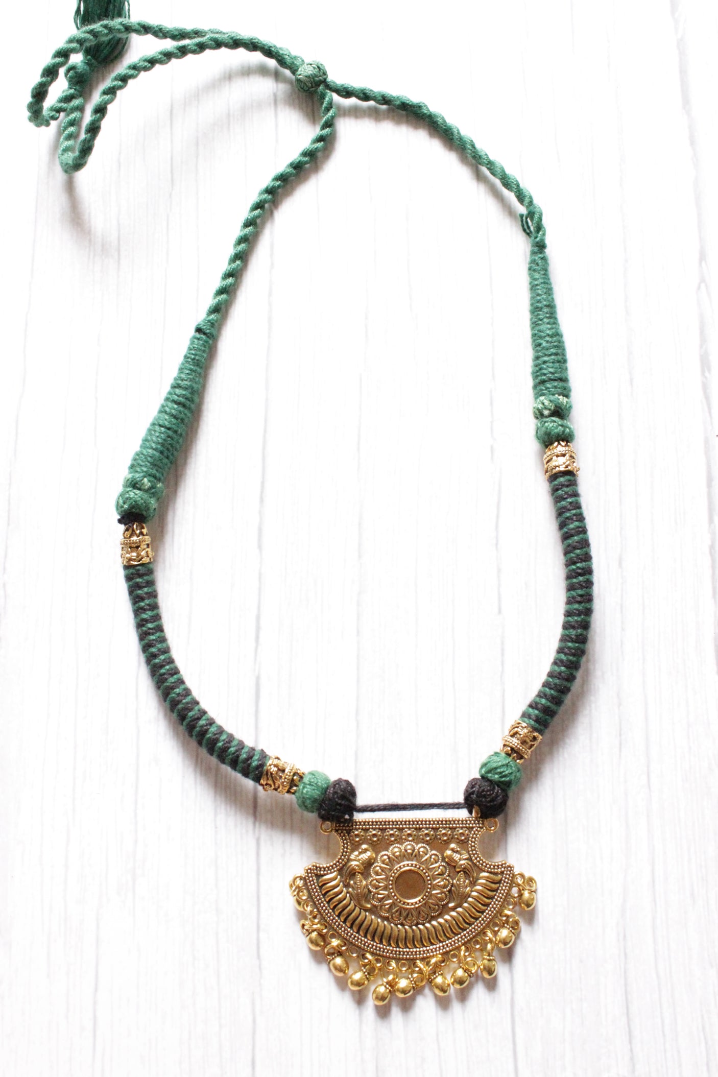 Antique Gold Finish Metal Pendant Green Braided Threads Necklace