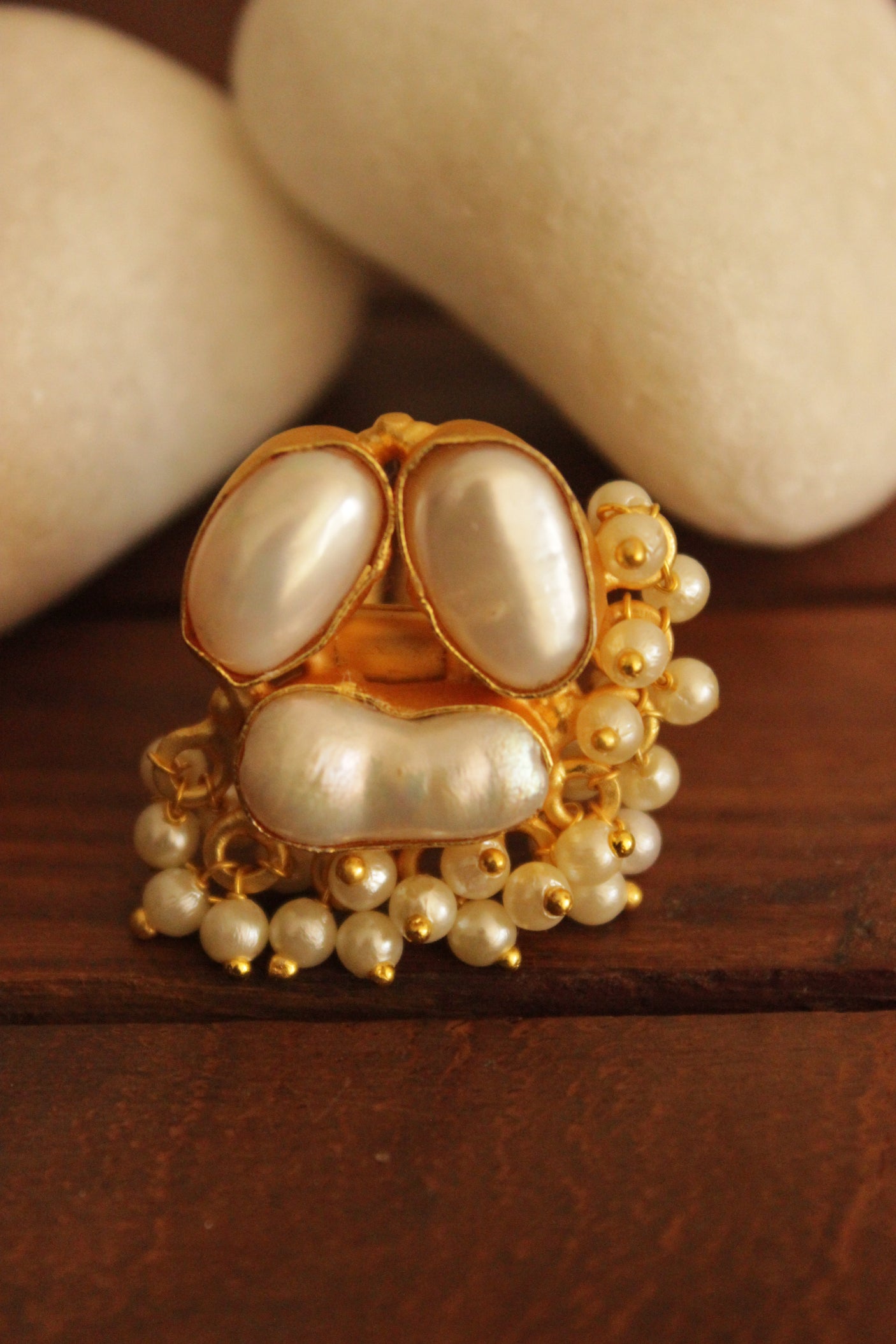 Baroque Pearl Natural Gemstone Gold Finish Adjustable Finger Ring Accentuated with White Beads