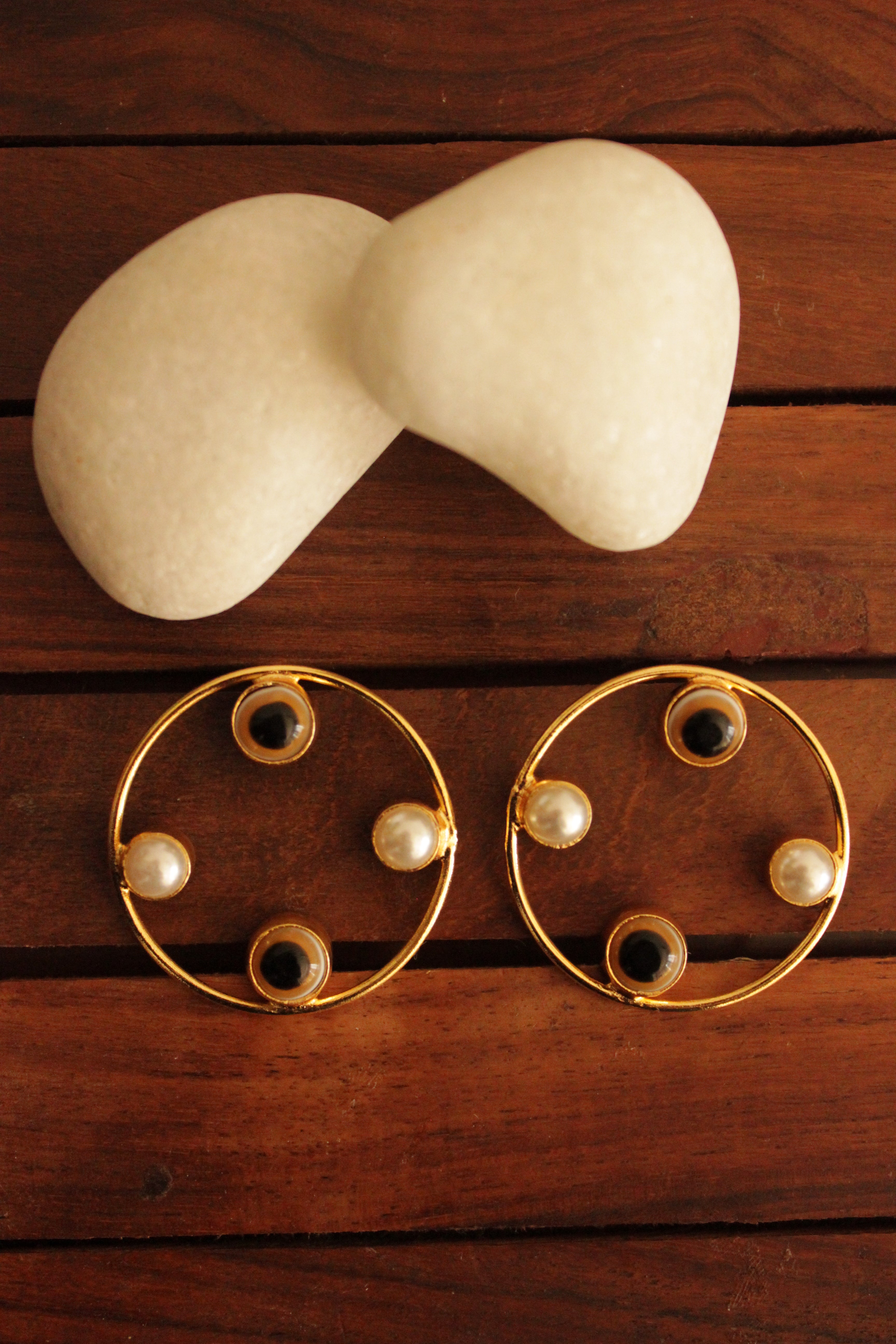 Black Evil Eye and Pearl Embedded Gold Finish Hoop Earrings