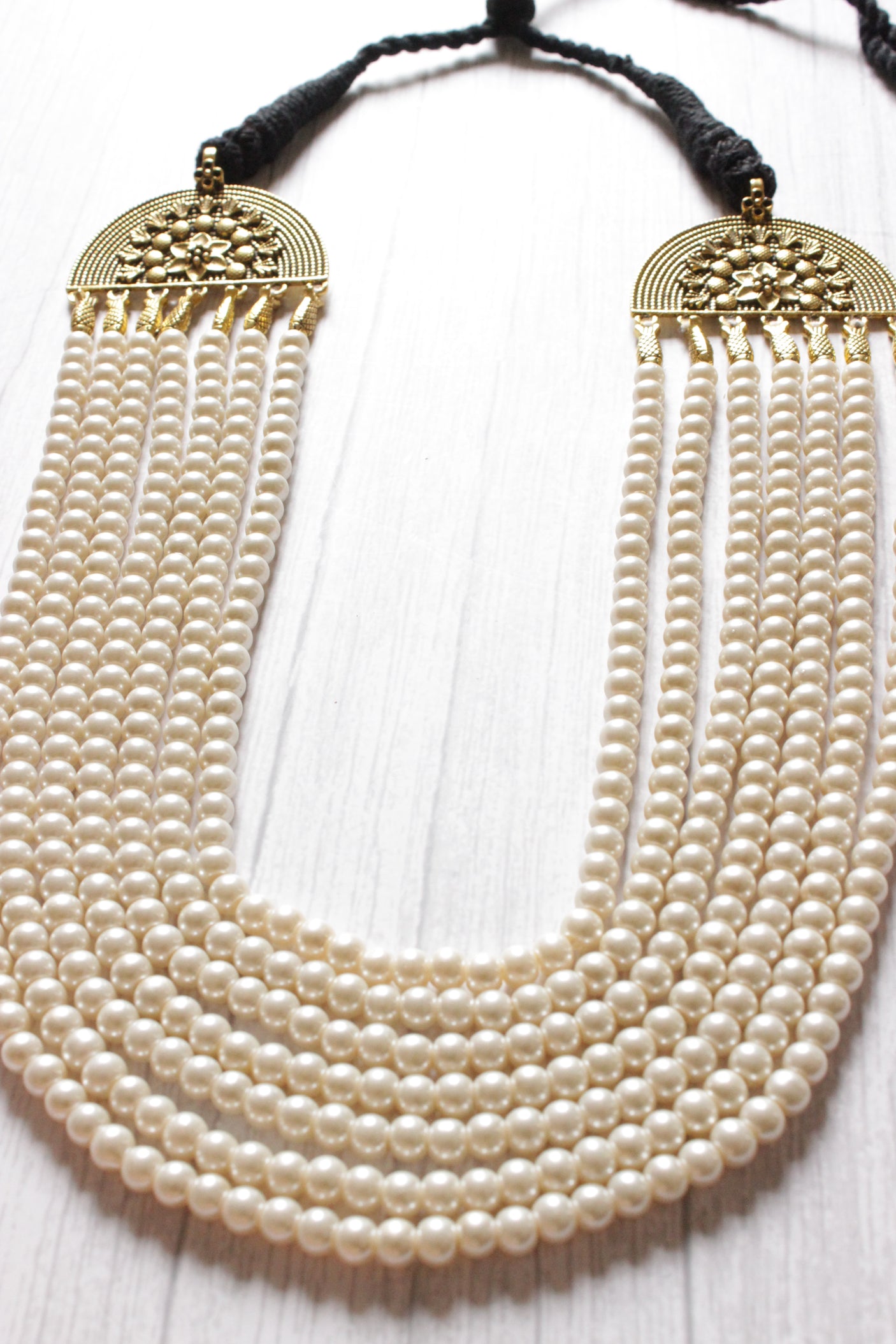 Multi-Layer Stringed Pearls Antique Gold Finish Necklace