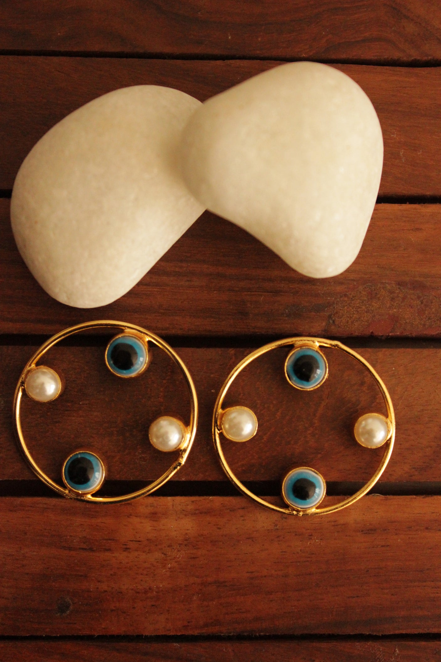 Blue Evil Eye and Pearl Embedded Gold Finish Hoop Earrings