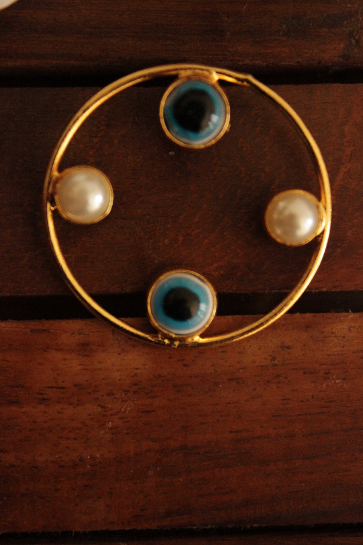 Blue Evil Eye and Pearl Embedded Gold Finish Hoop Earrings