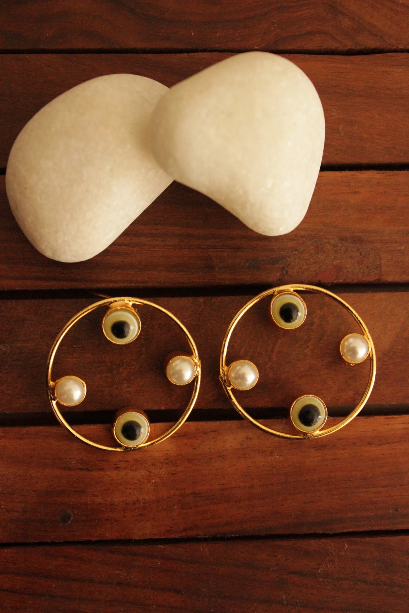 Lemon Yellow Evil Eye and Pearl Embedded Gold Finish Hoop Earrings