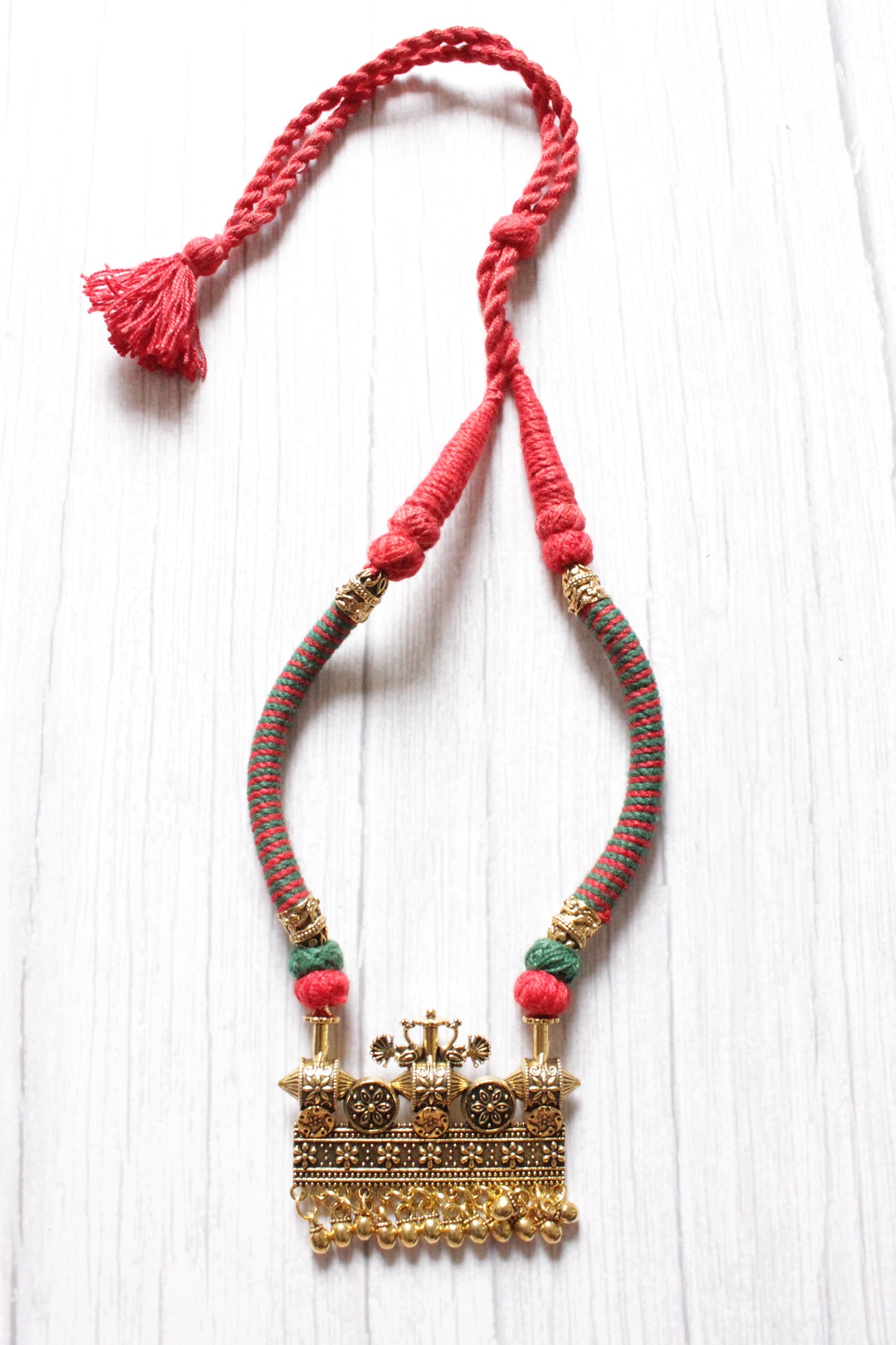 Antique Gold Finish Metal Pendant Braided Threads Necklace