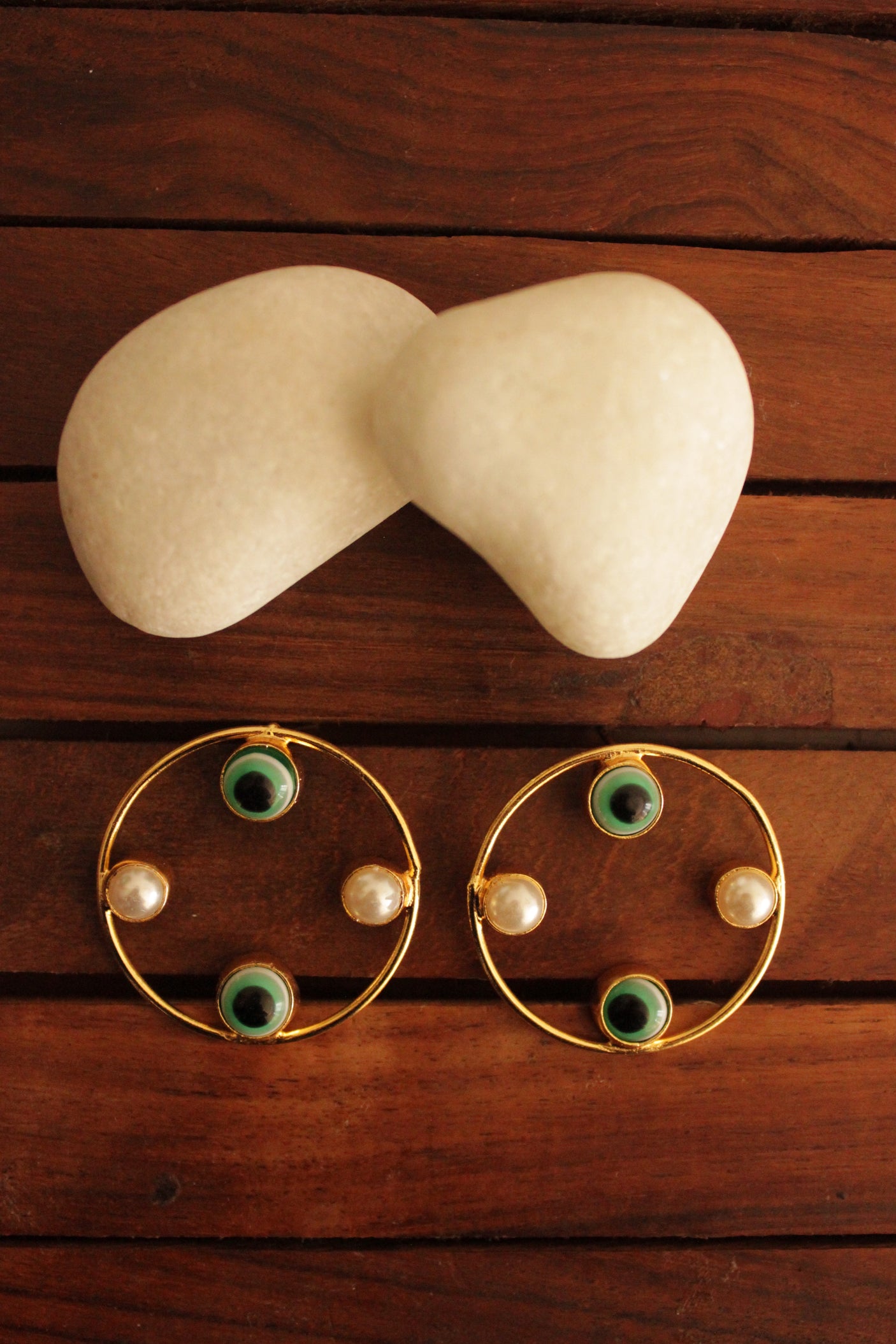 Green Evil Eye and White Pearl Embedded Gold Finish Hoop Earrings