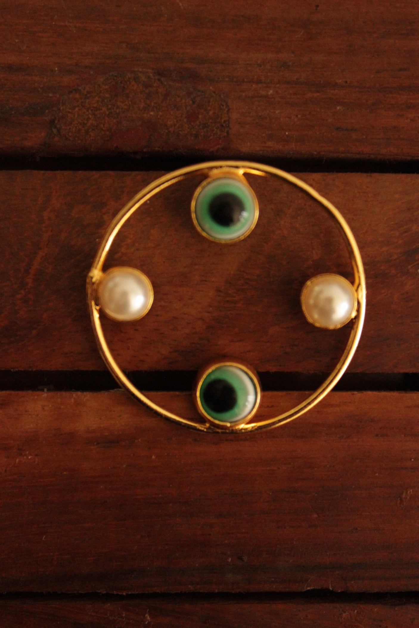 Green Evil Eye and White Pearl Embedded Gold Finish Hoop Earrings