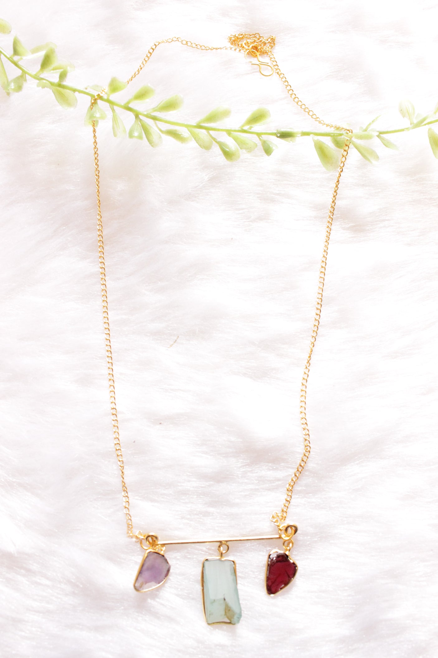 3 Multi-Color Raw Natural Gemstones Embedded Gold Finish Chain Necklace