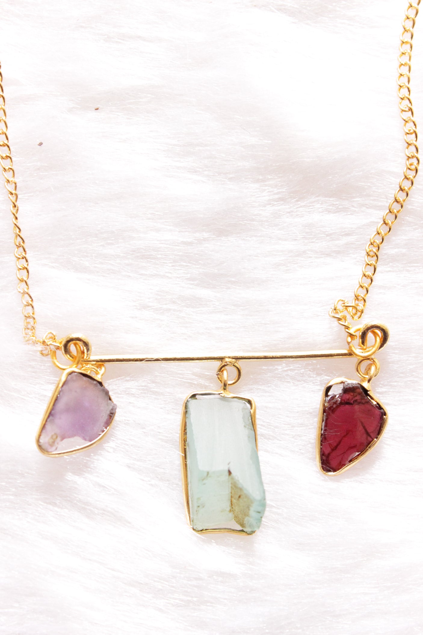 3 Multi-Color Raw Natural Gemstones Embedded Gold Finish Chain Necklace