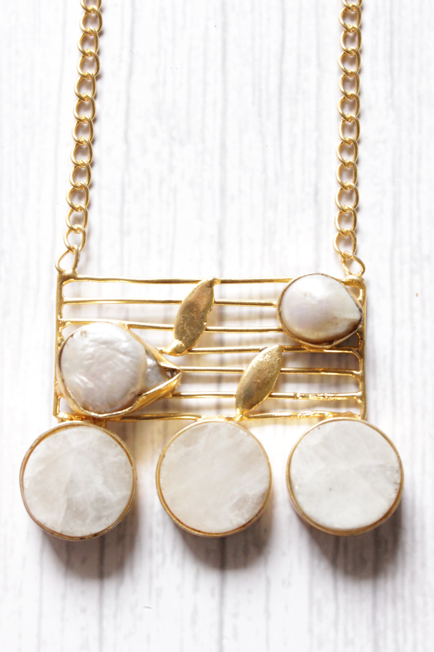 Baroque Rainbow Moonstone Gemstone Embedded Gold Vermil Wedding Bar Necklace