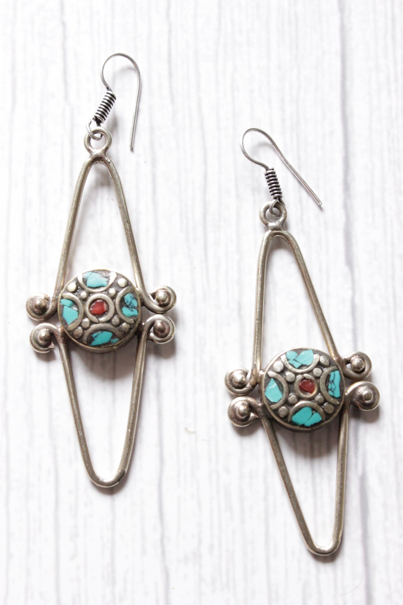 Turquoise Red Coral Silver Finish Tibetan Dangler Earrings